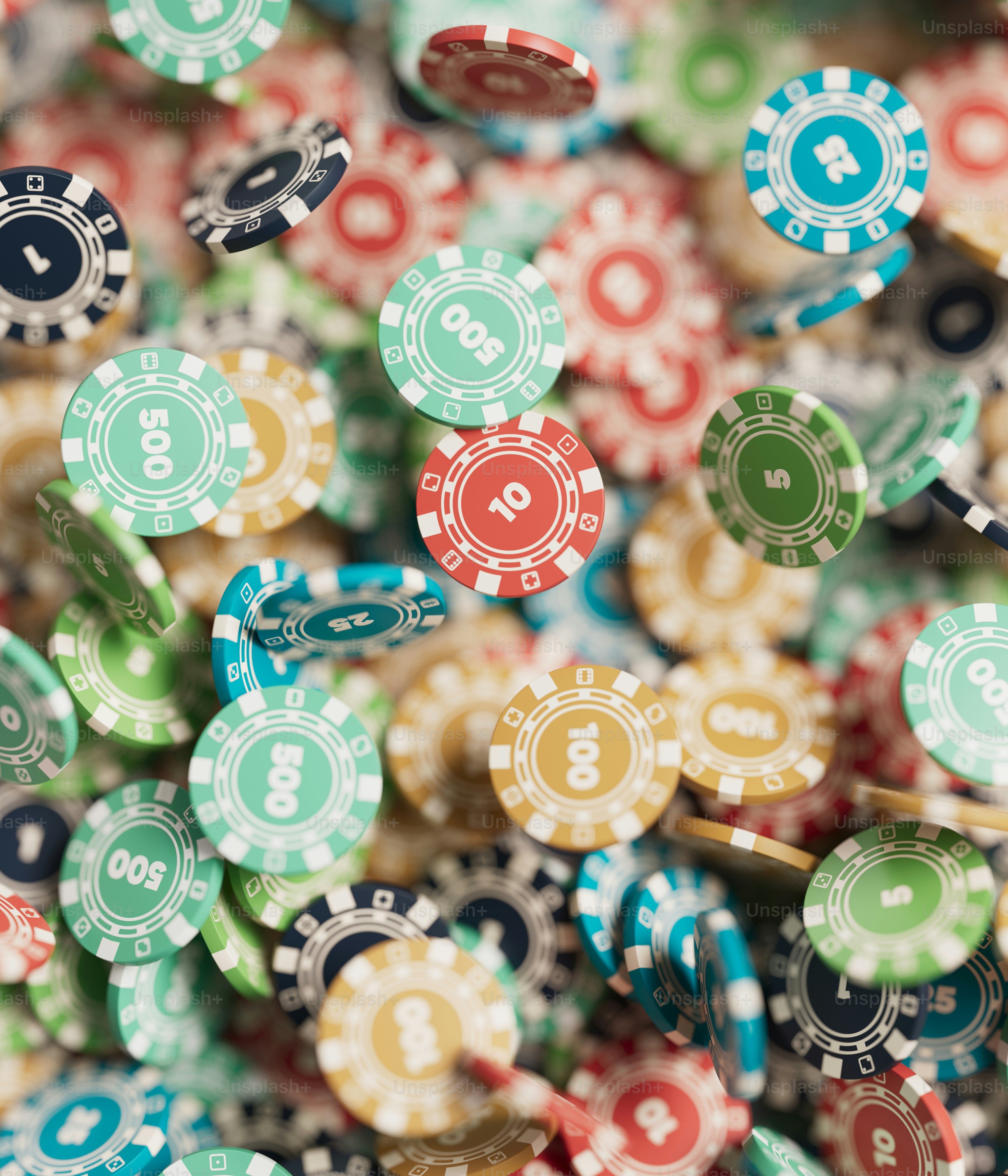 A pile of casino chips with numbers on them