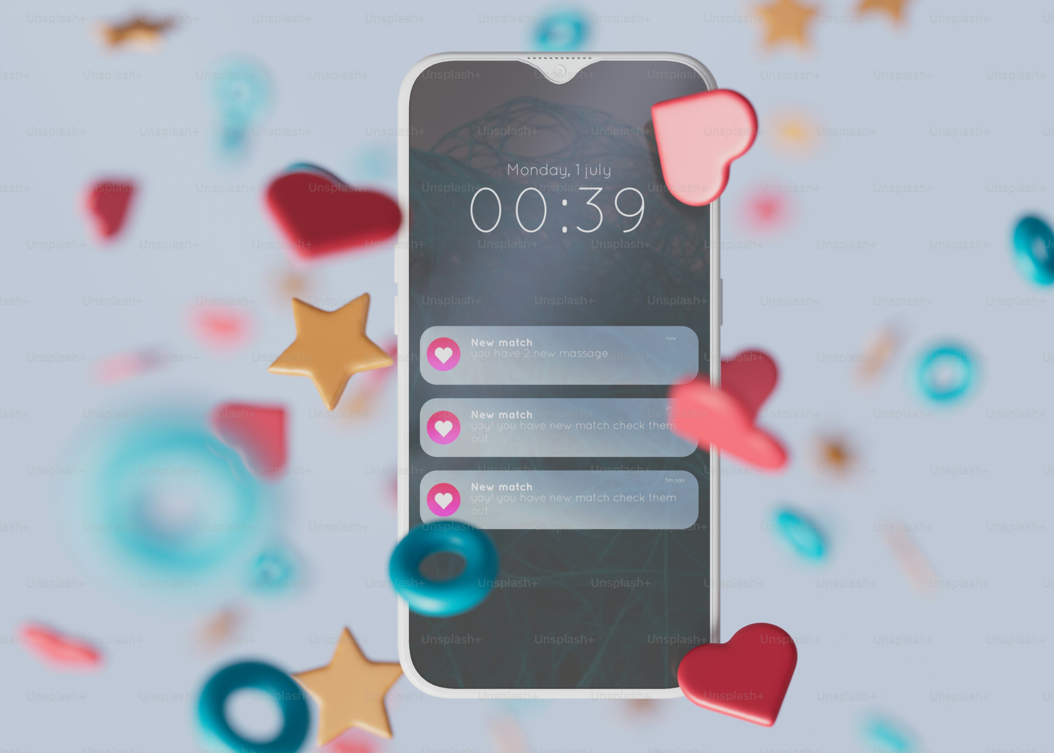 A phone showing a futuristic AI-powered dating interface with a glowing heart icon
