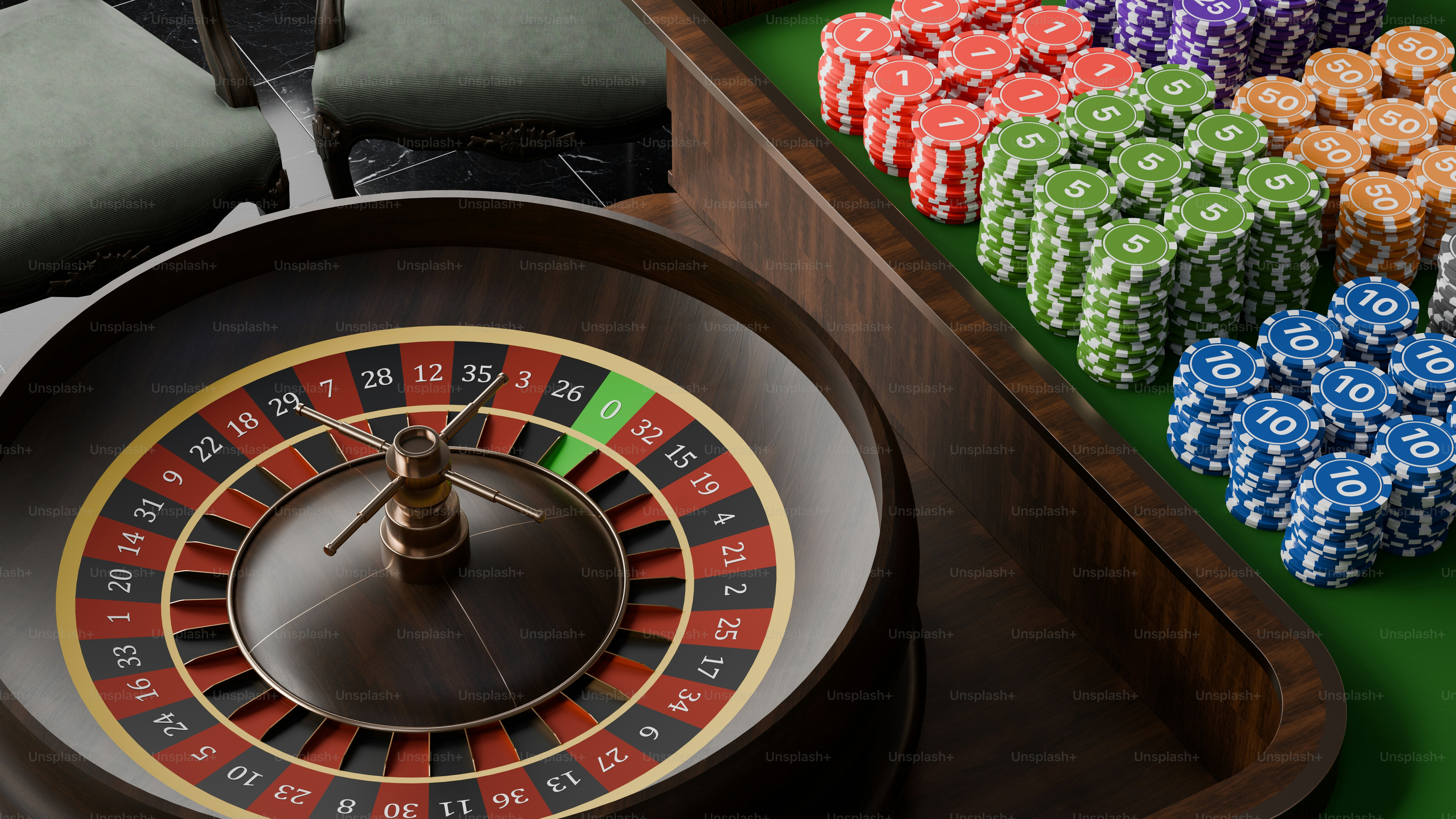 A casino table with a rouleet and chips