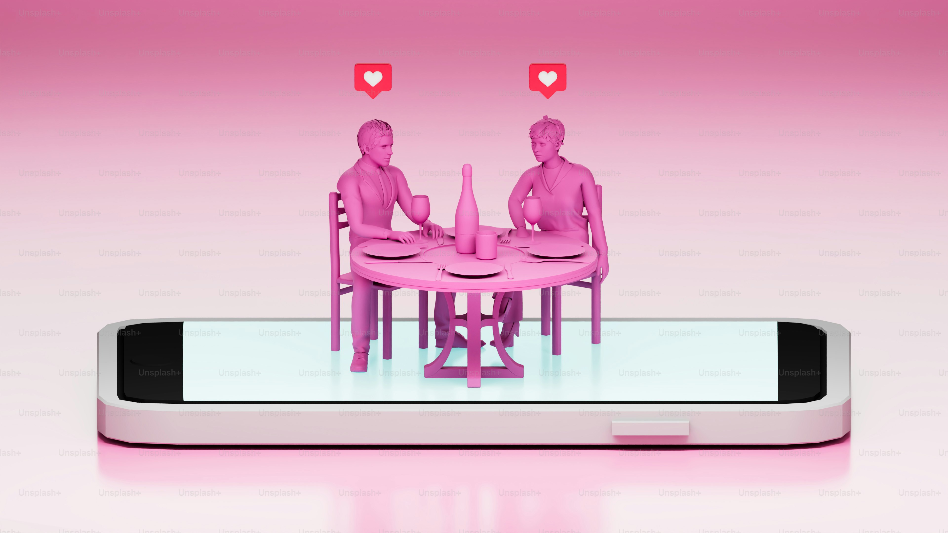 A couple of people sitting at a table on a cell phone