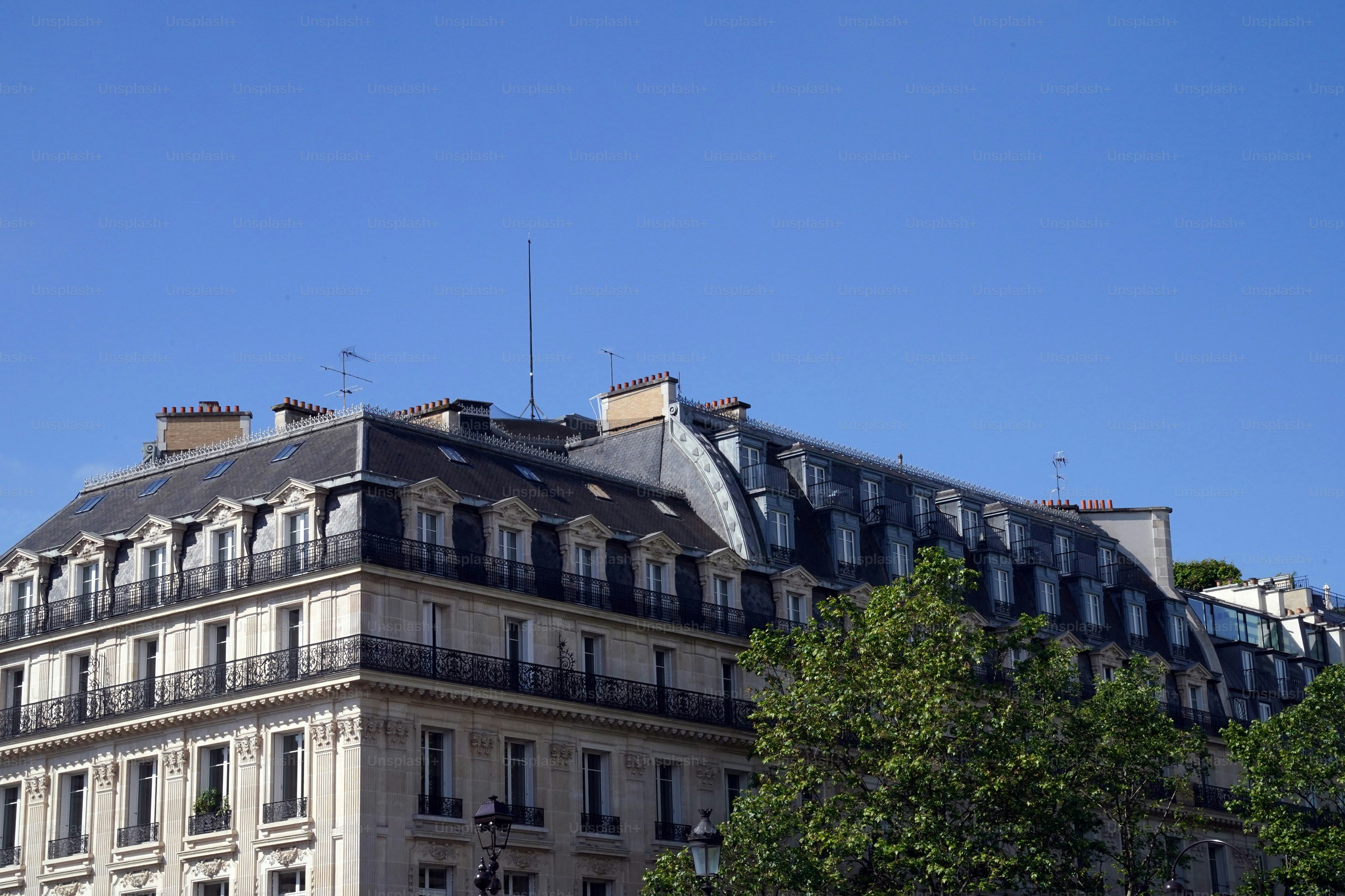 A tall building sitting next to a lush green tree