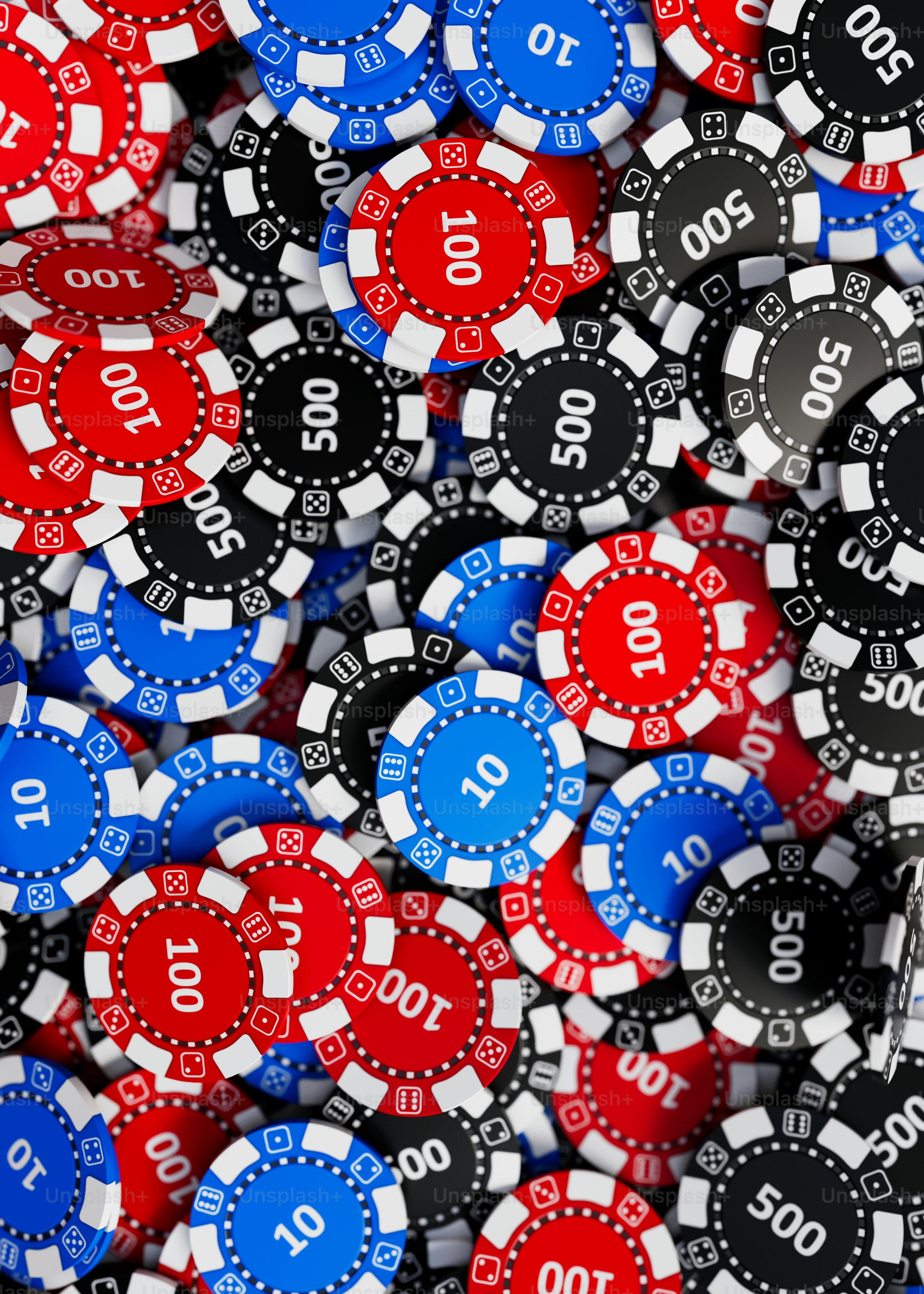 A pile of red, white and blue poker chips