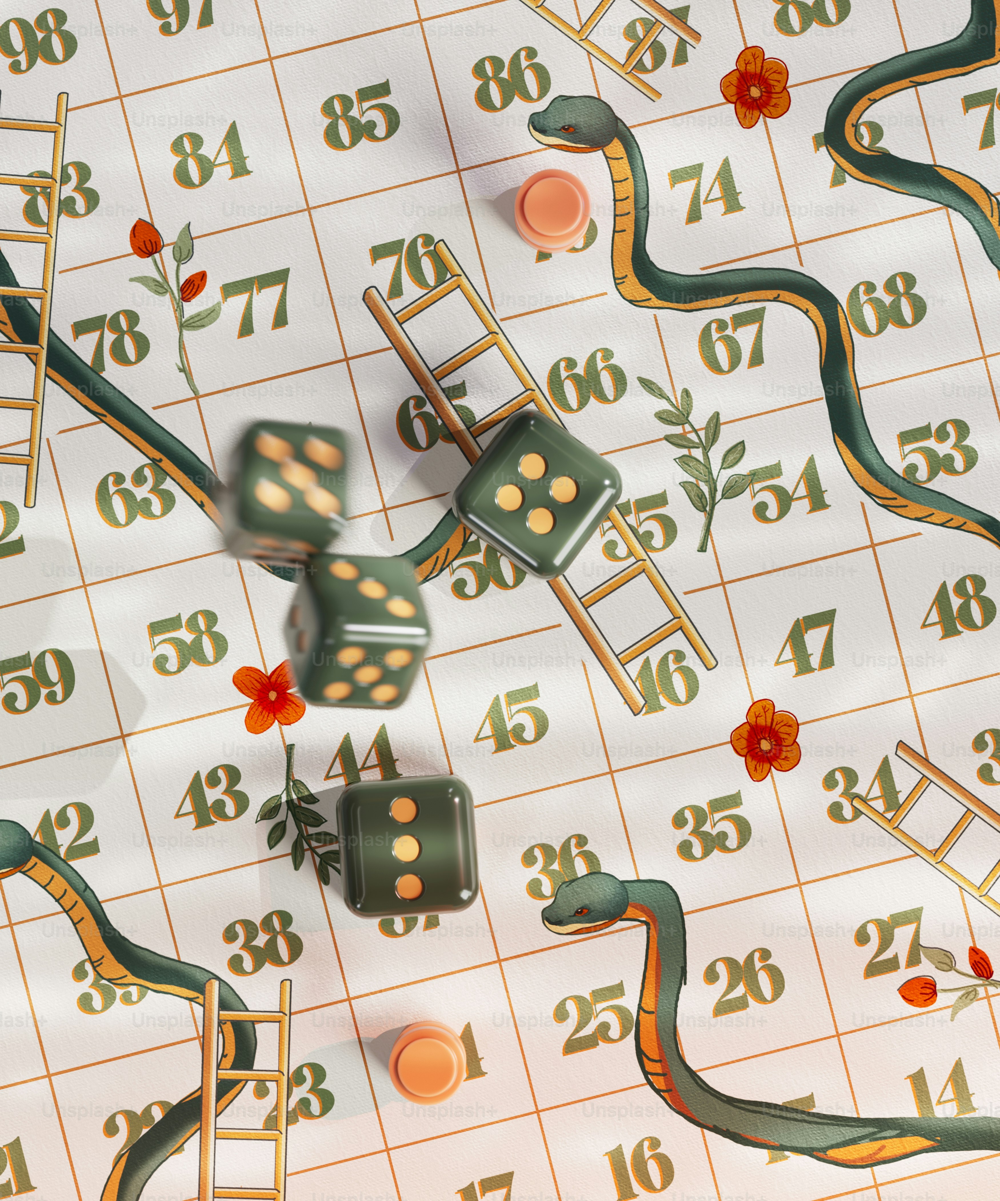 A close up of a game board with dices on it