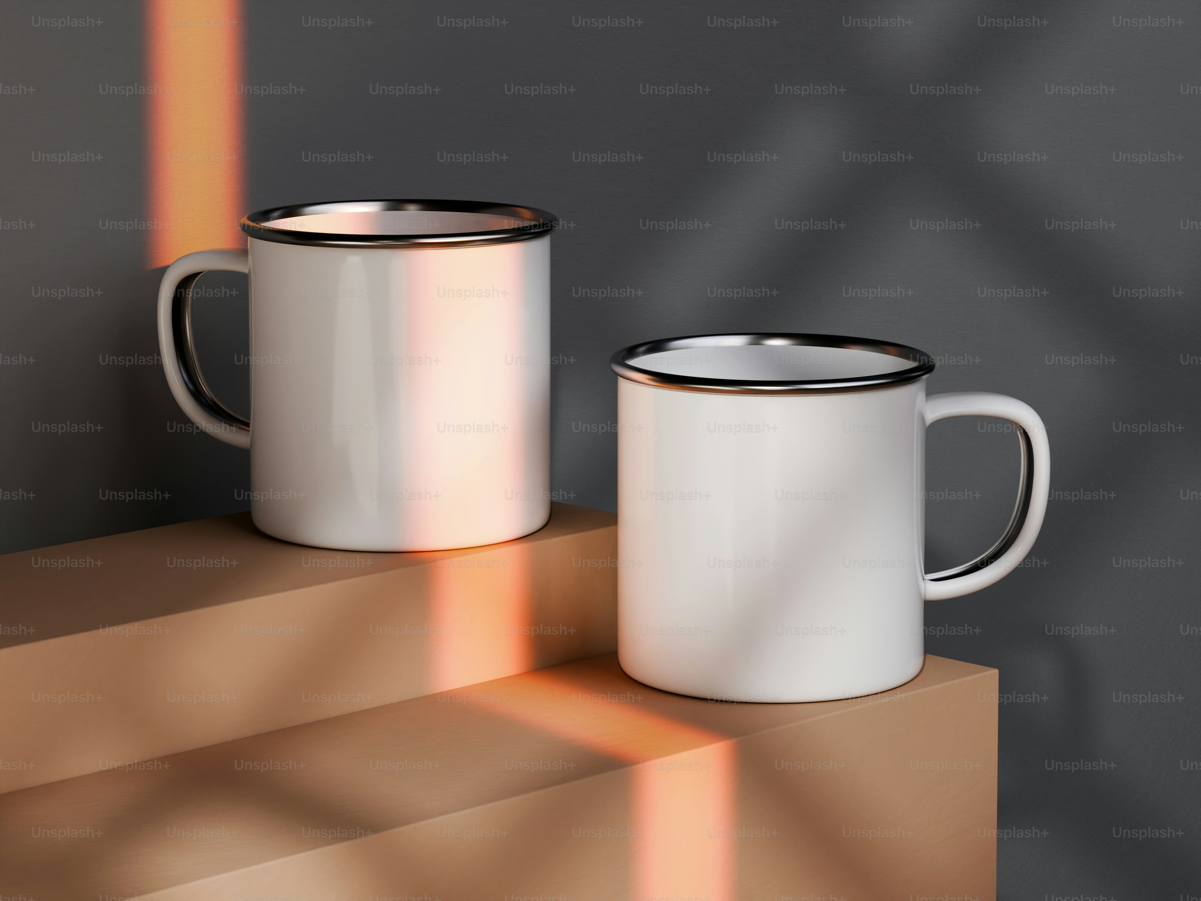 Two white coffee mugs sitting on top of a wooden shelf