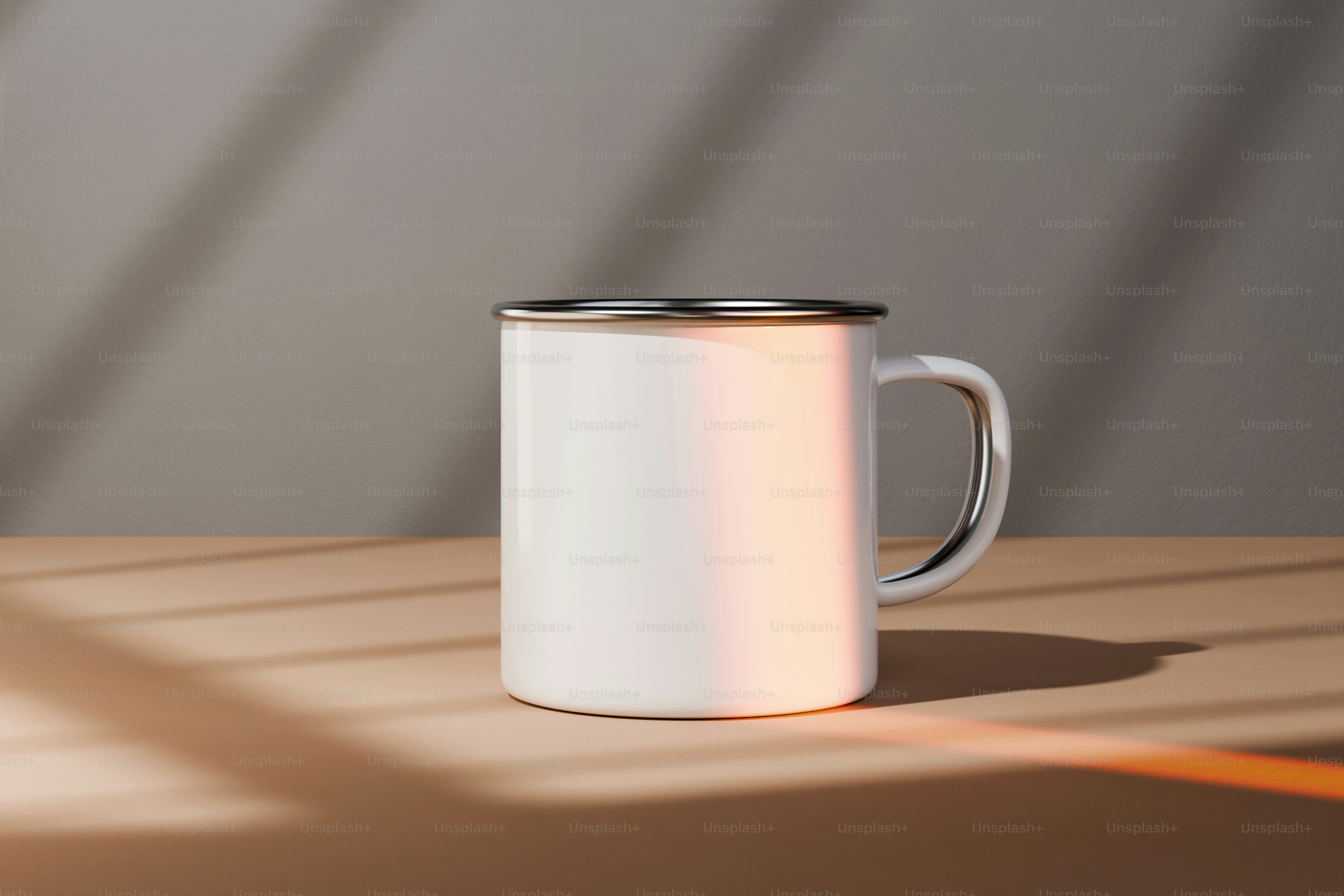 A white coffee mug sitting on top of a wooden table