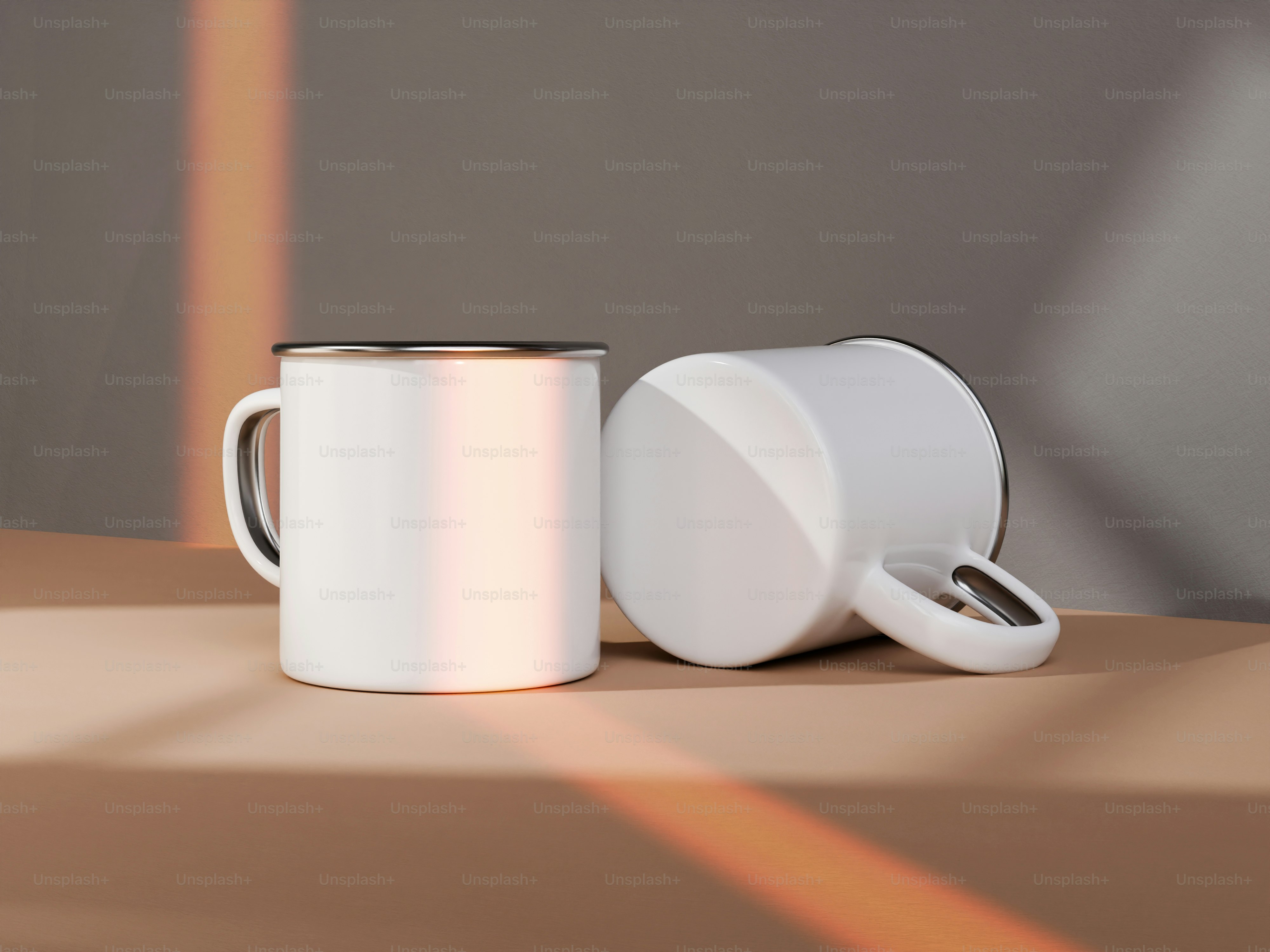 A white coffee cup sitting next to a charger