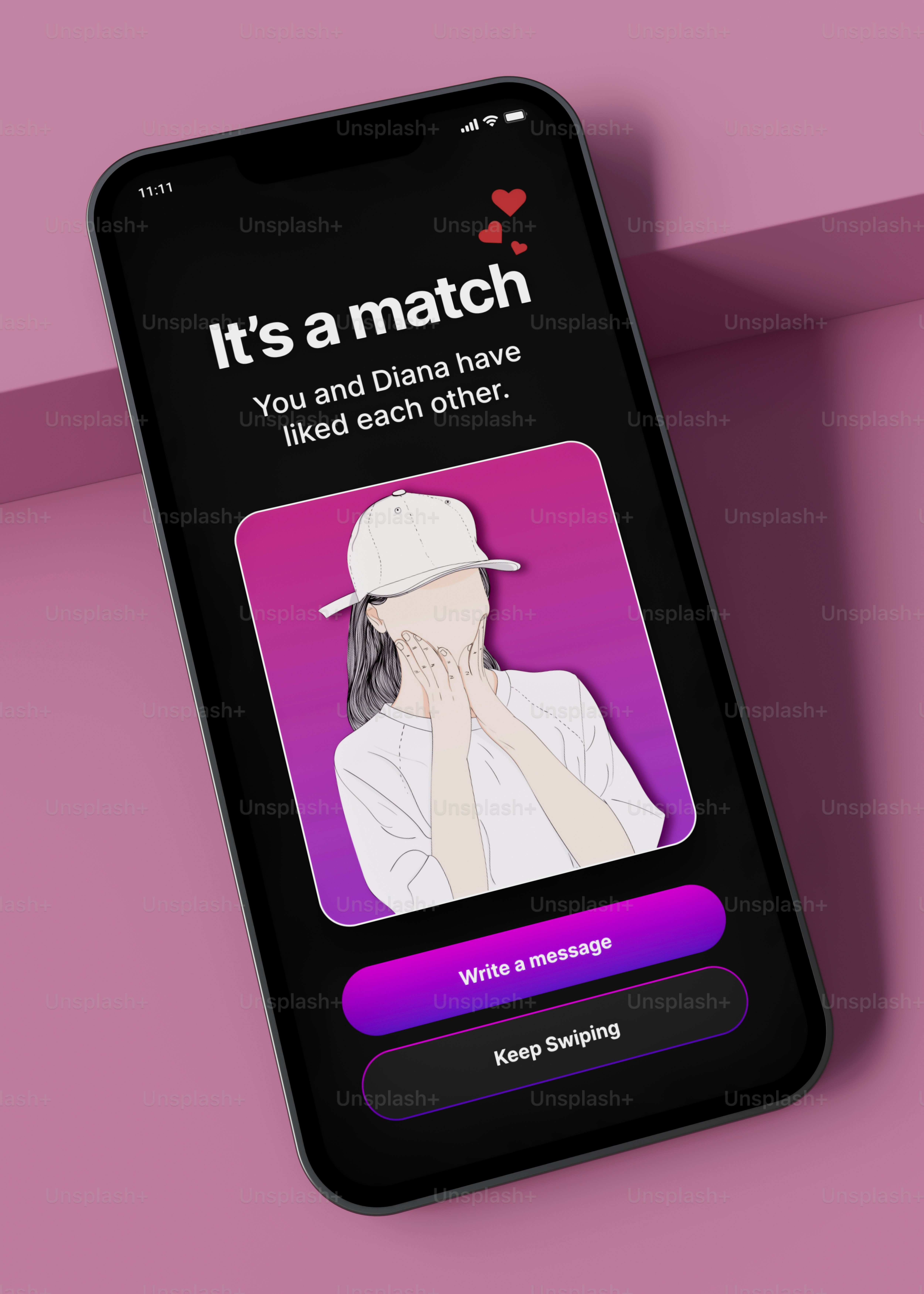 A cell phone with the text it's a match on the screen