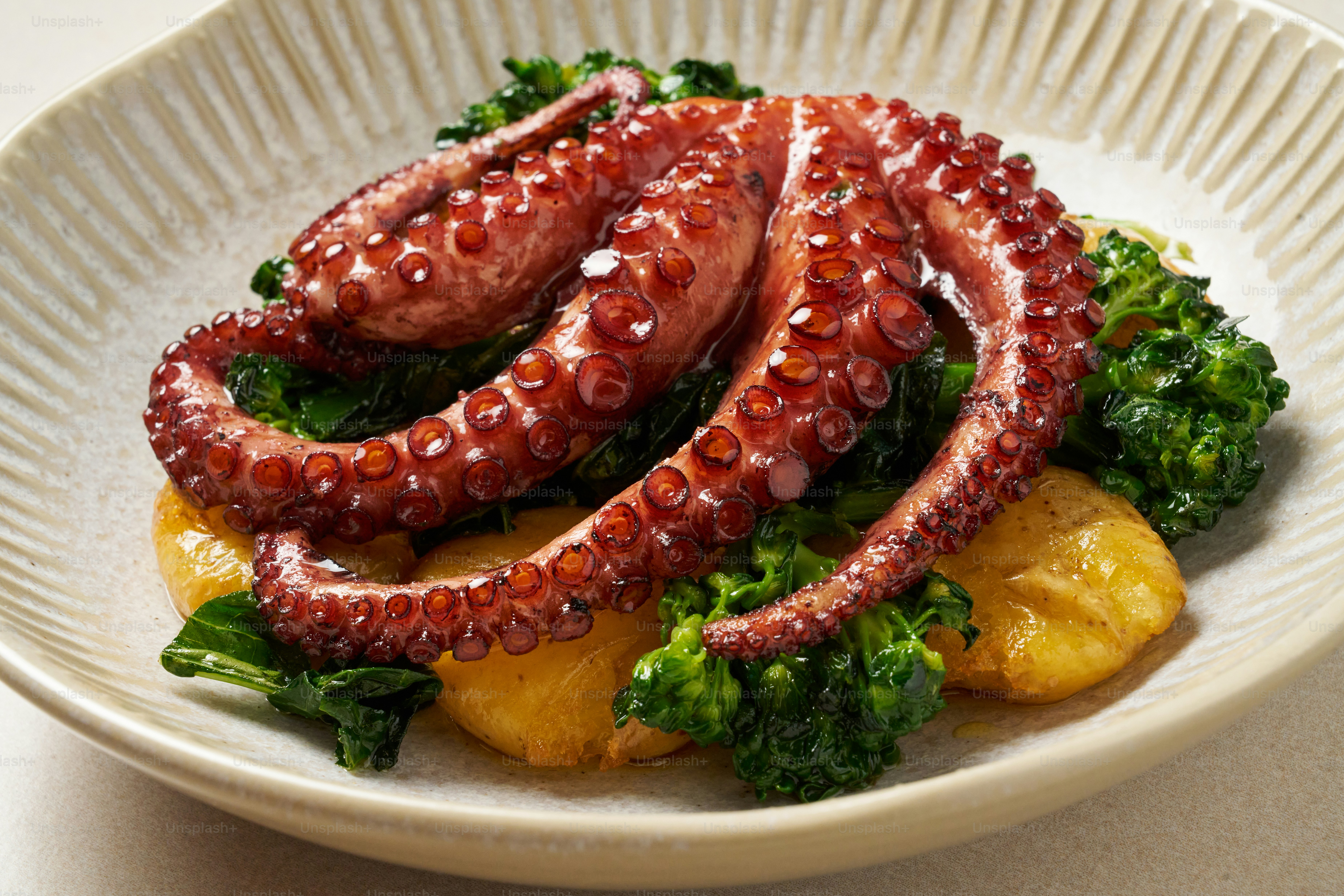 Un cuenco blanco relleno de pulpo y brócoli