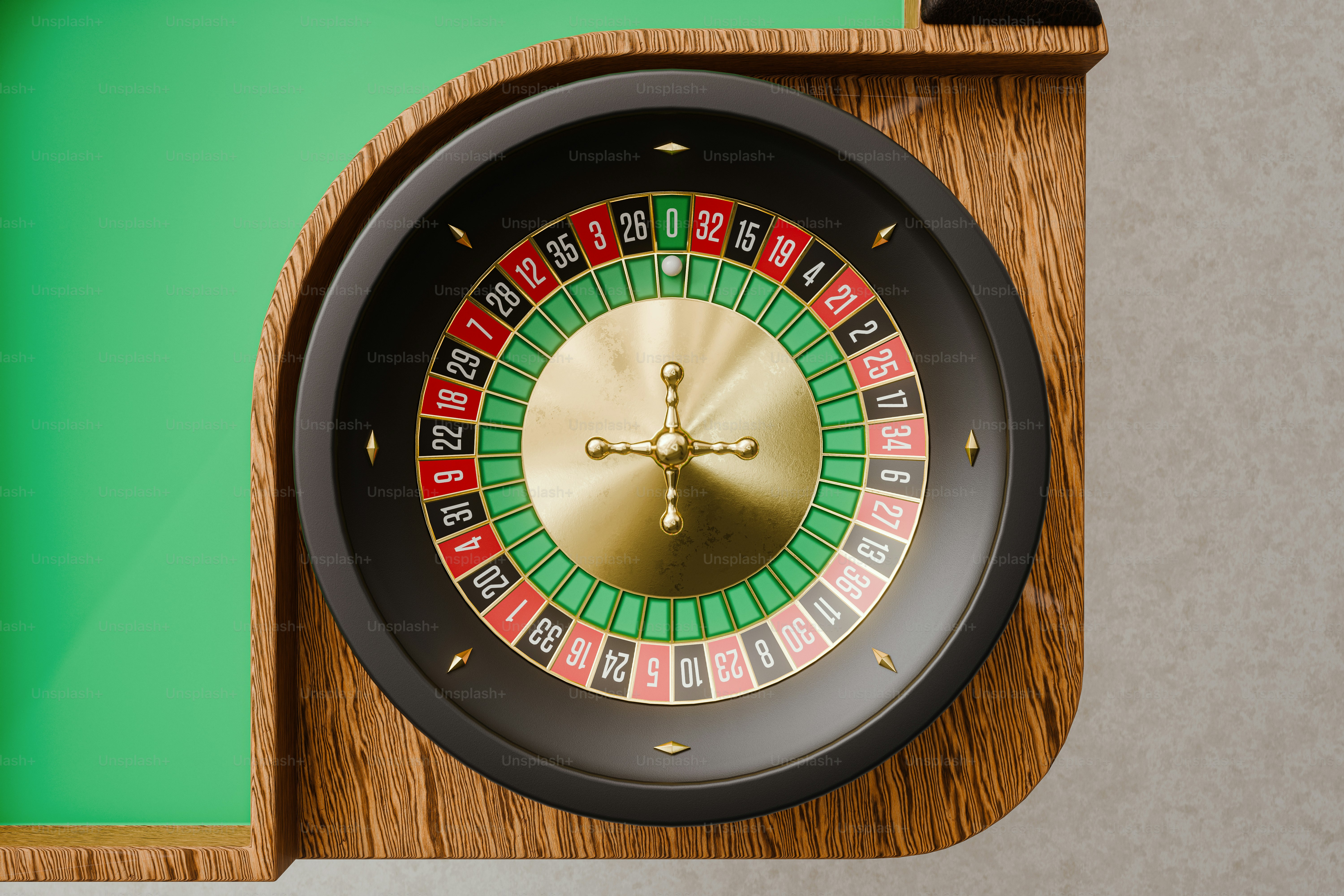 A wooden clock with a green background behind it