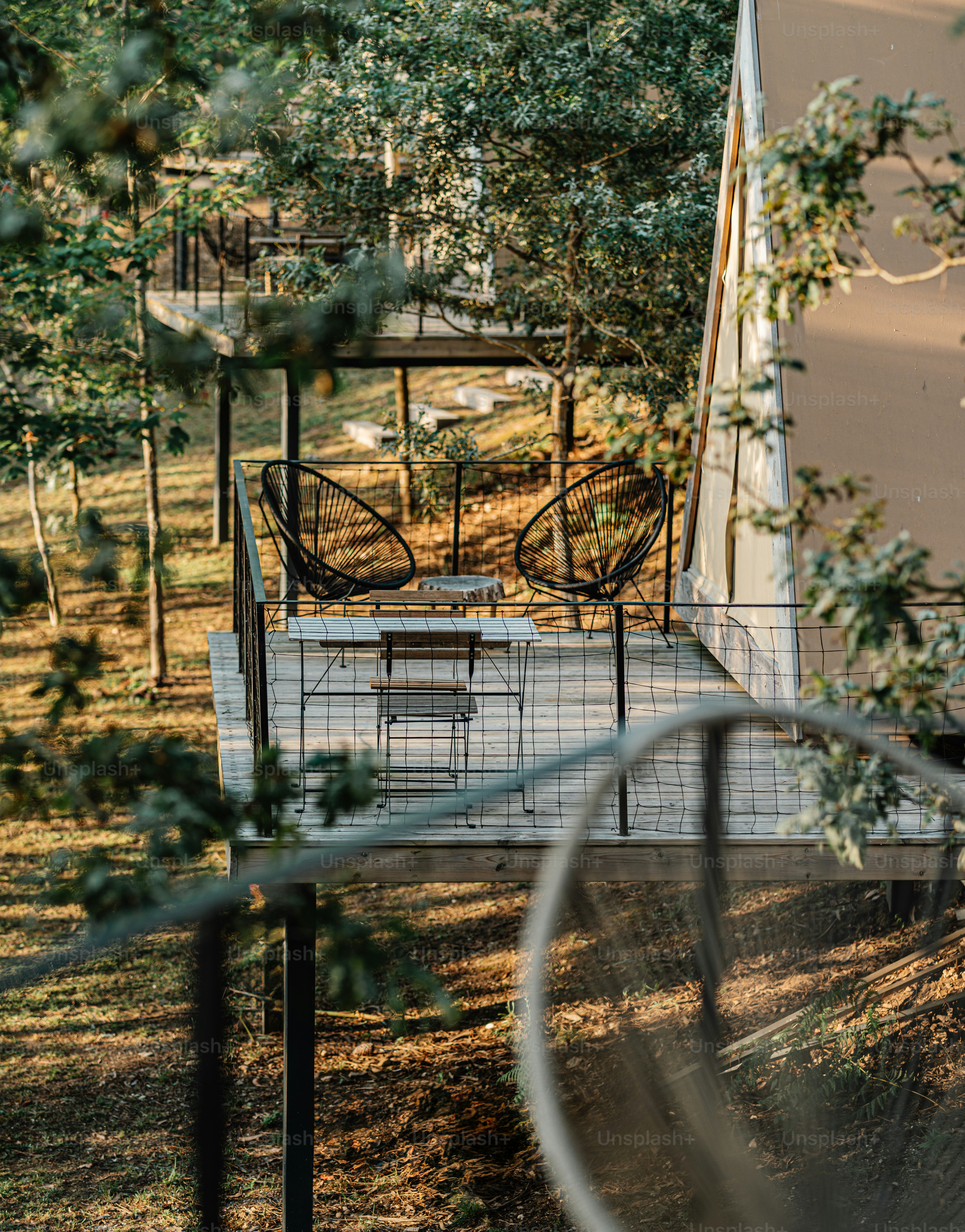 A view of a building through a fence