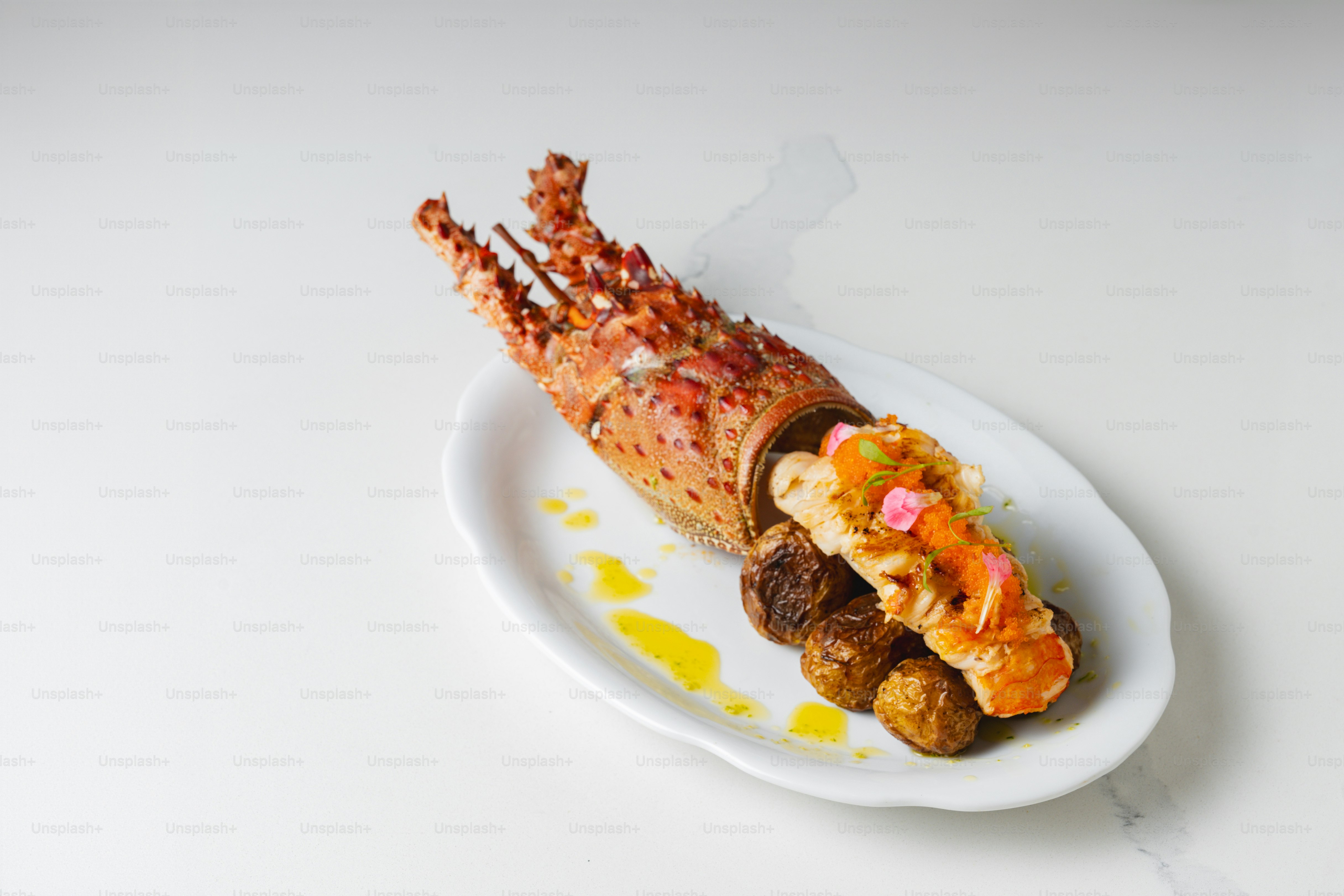 A white plate topped with a lobster covered in sauce