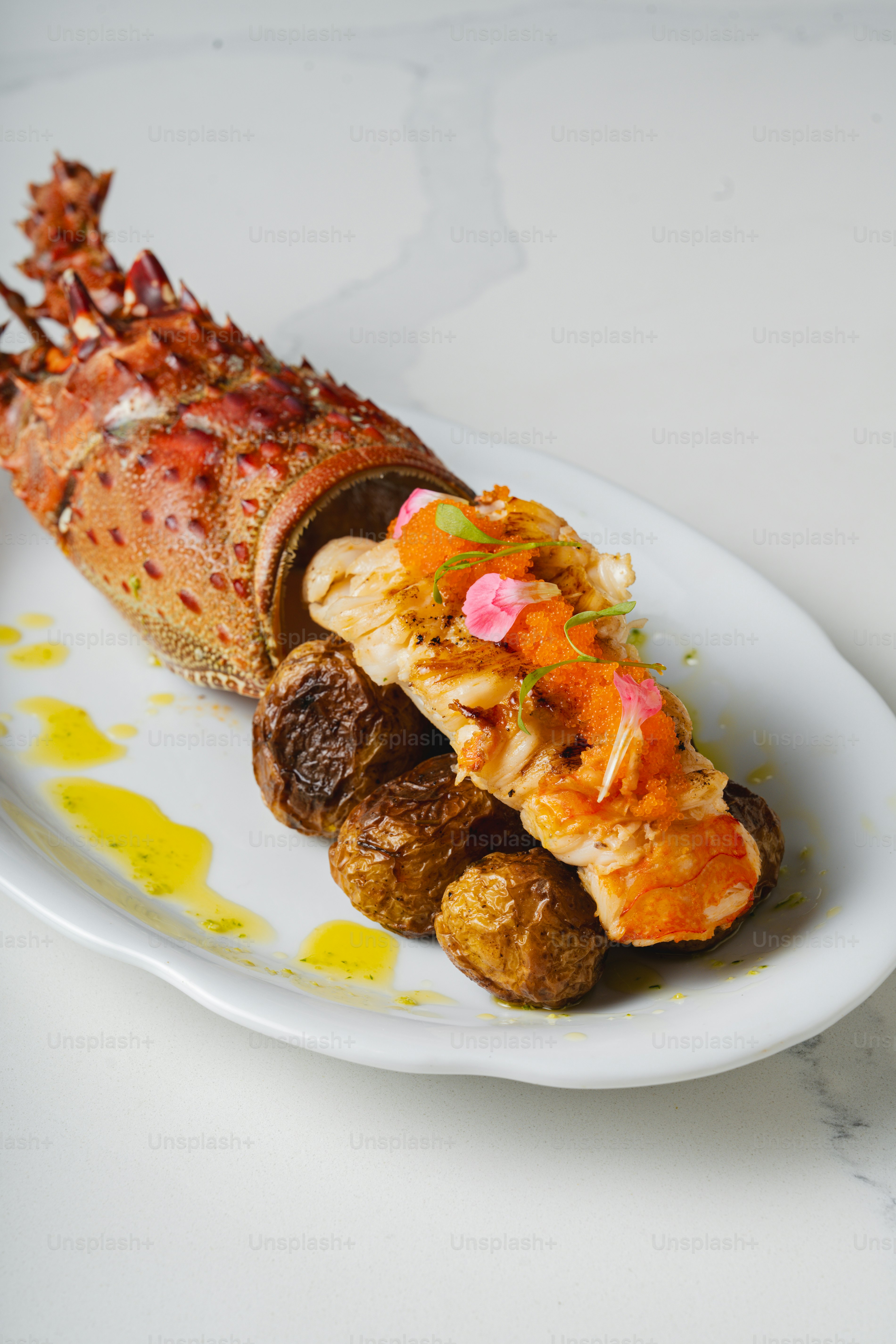 A plate of food with a lobster on it