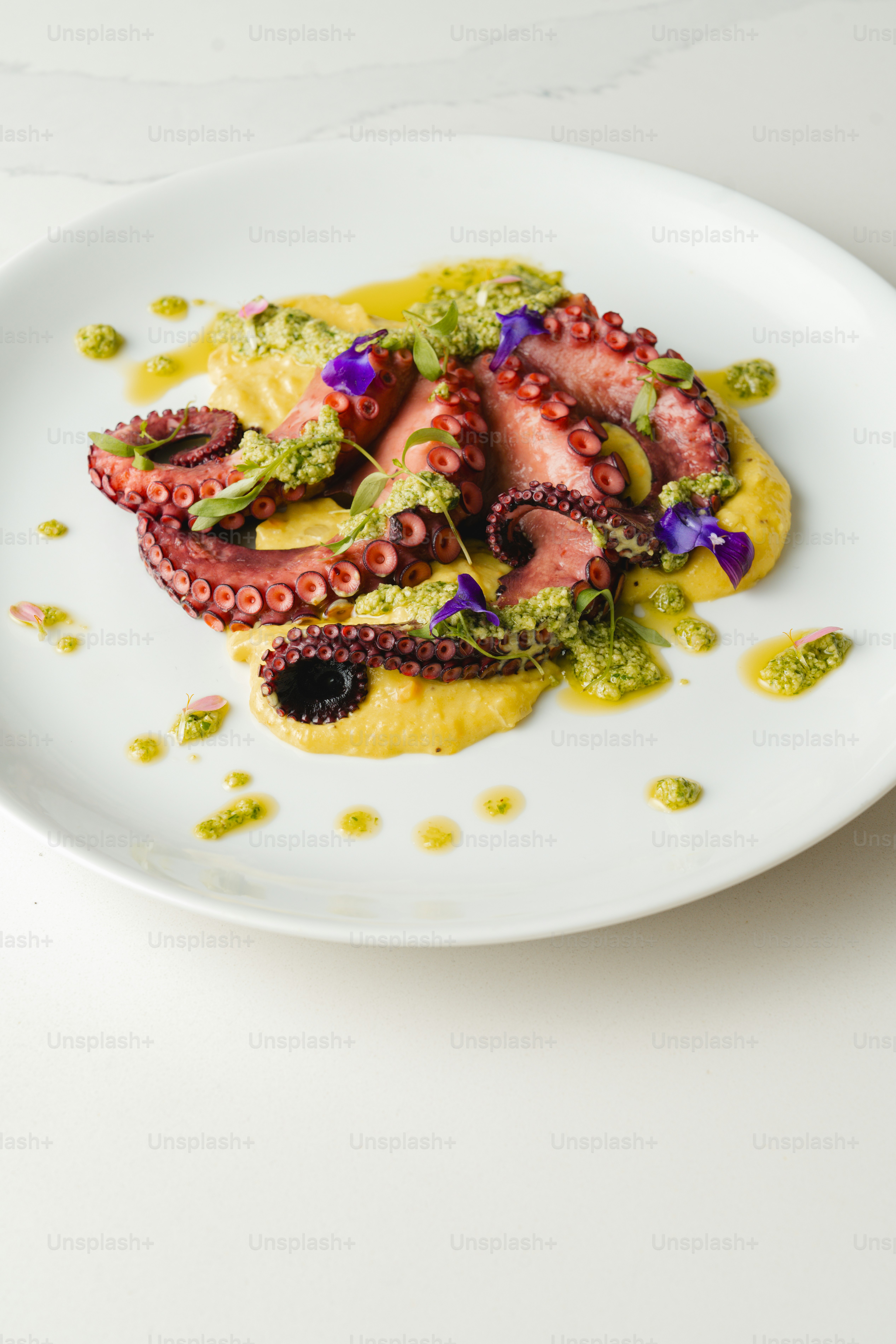 A white plate topped with an octopus covered in sauce