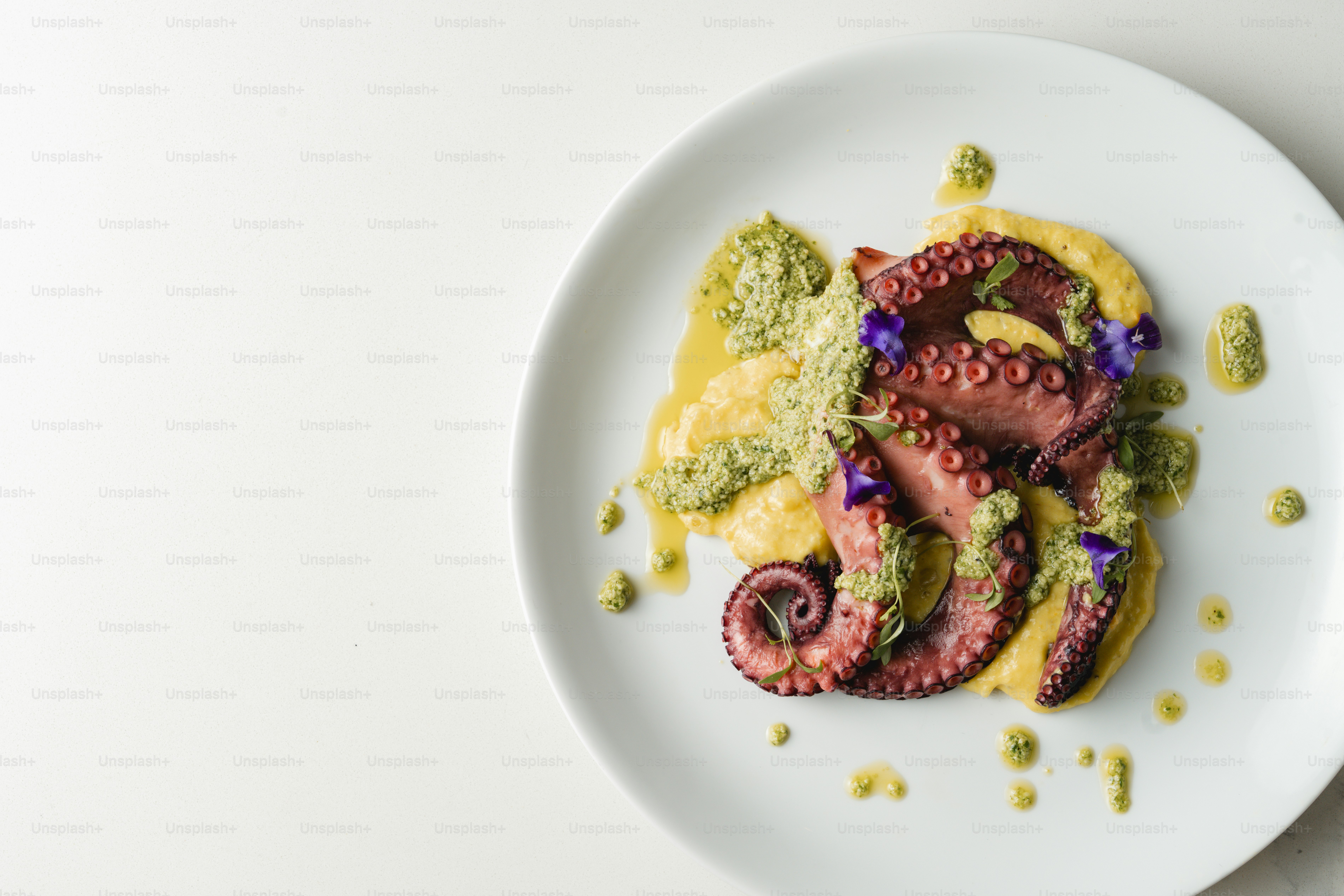 A white plate topped with an octopus covered in sauce