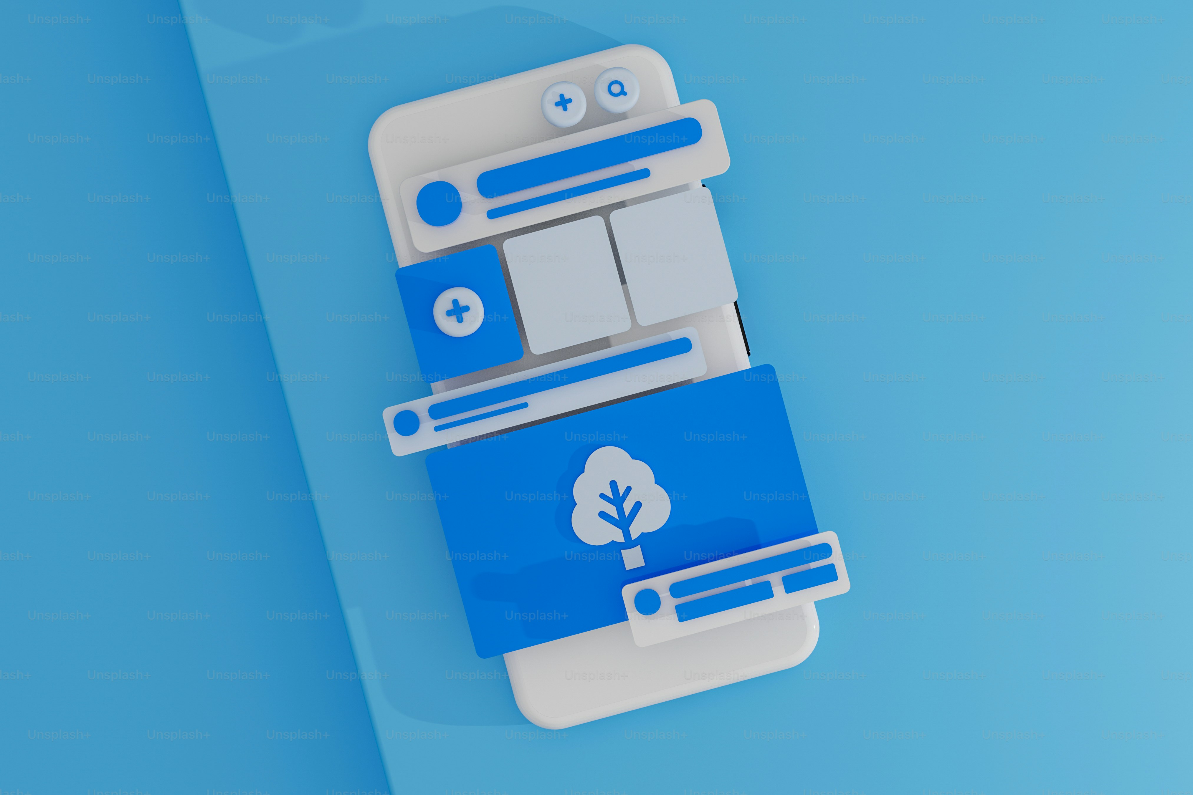 Ein blau-weißes Handy auf blauem Hintergrund