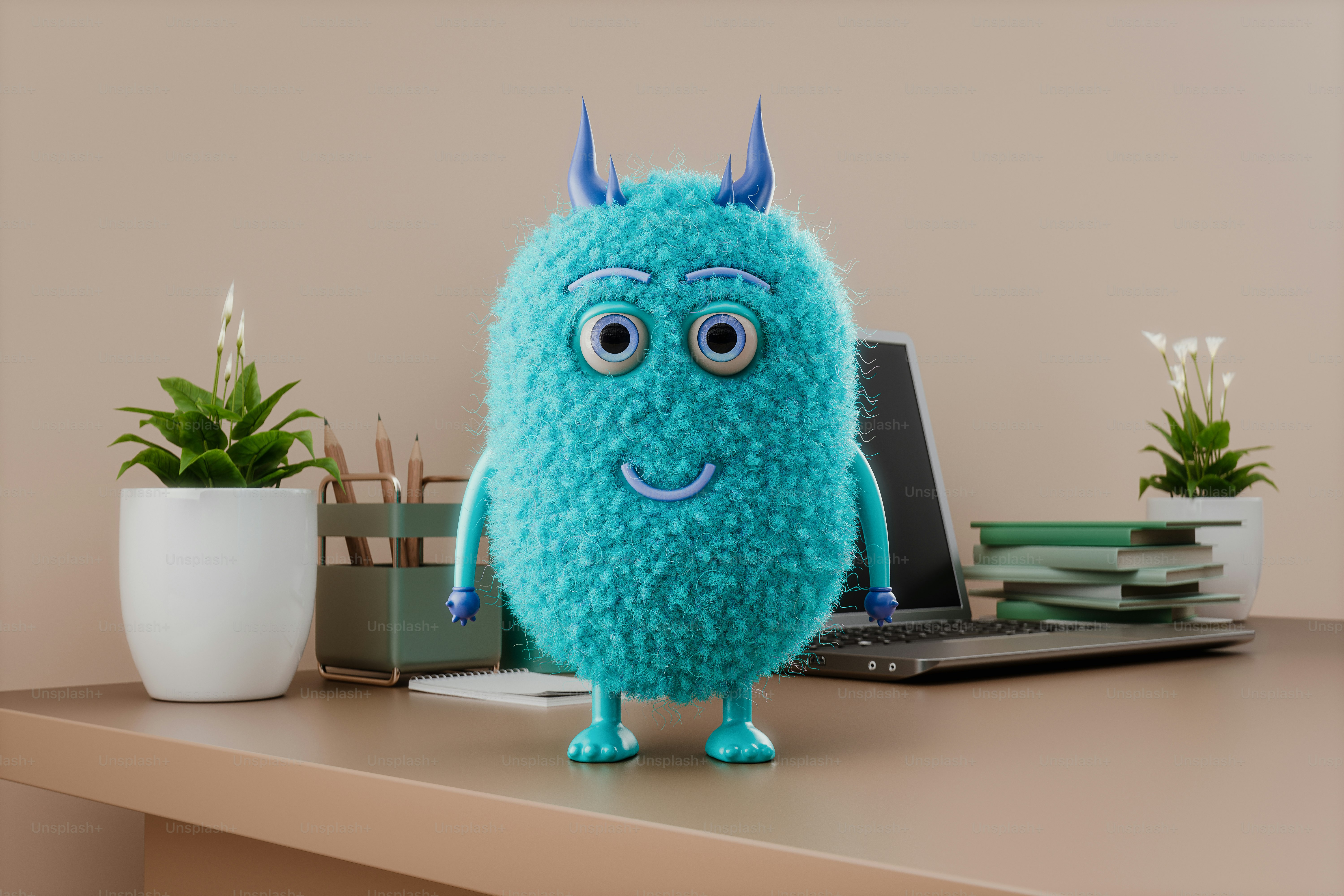 A blue stuffed animal sitting on top of a desk