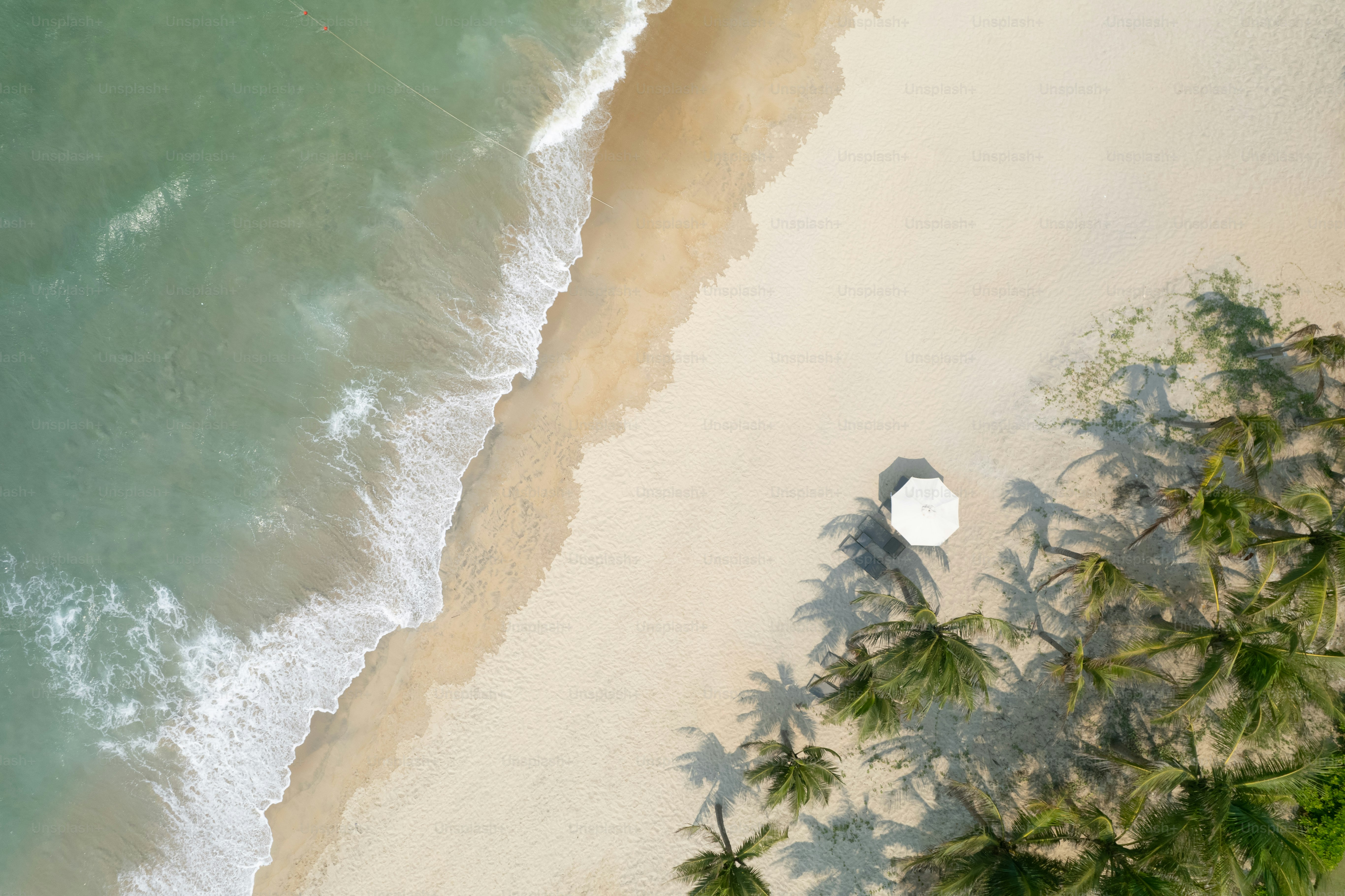An aerial view of a sandy beach and ocean