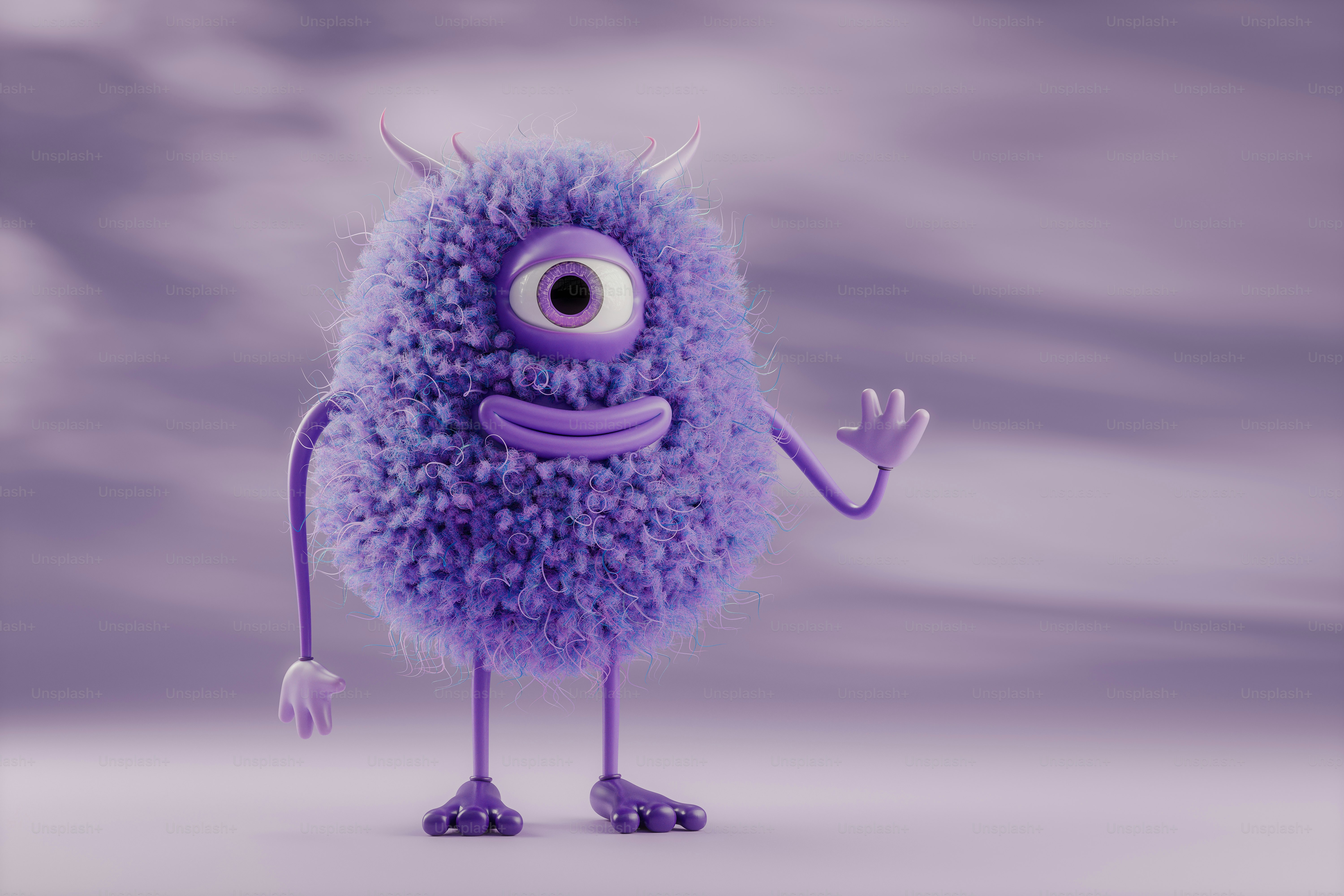 A very cute purple furry creature with big eyes