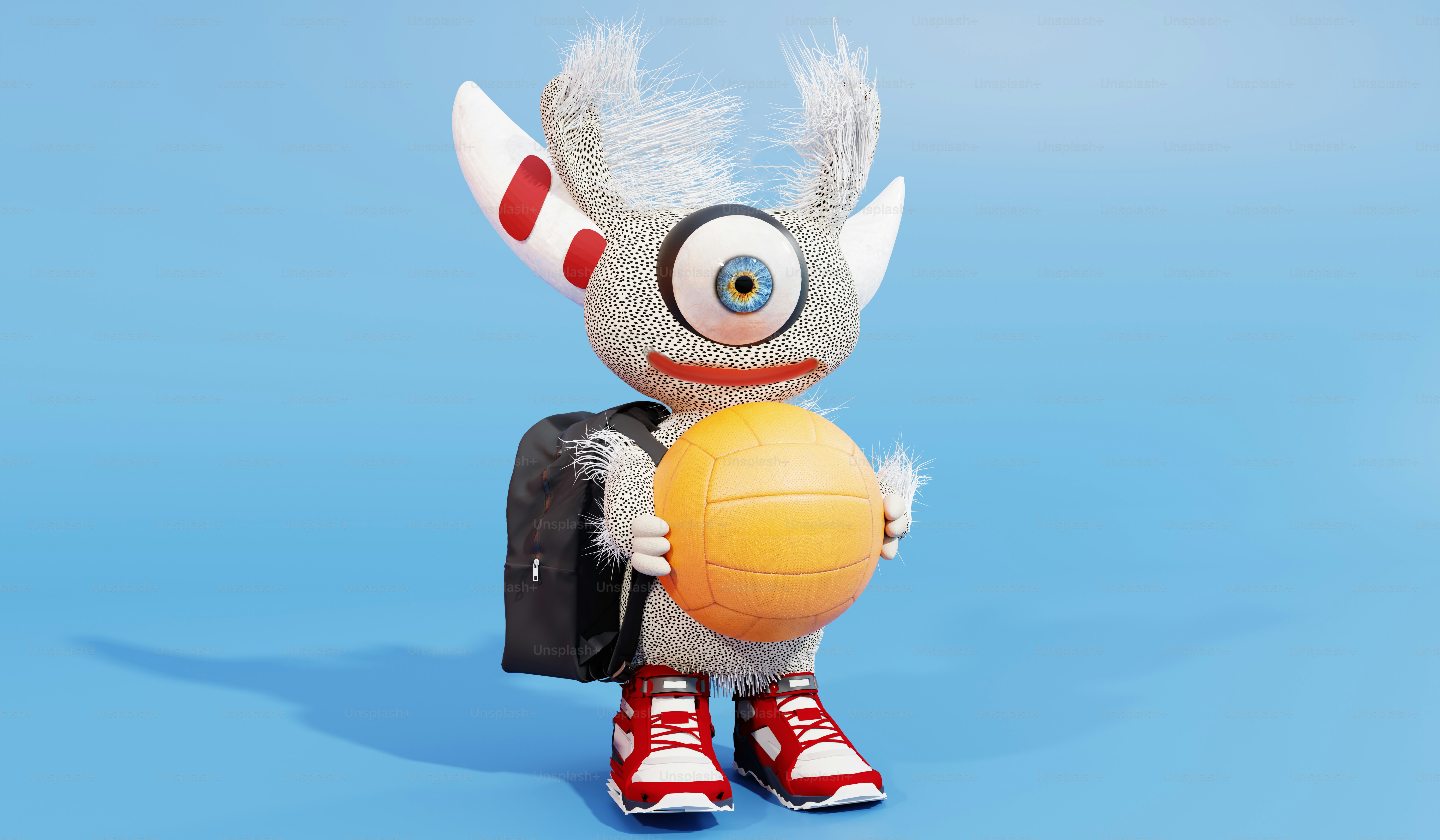 A stuffed animal holding a ball on a blue background