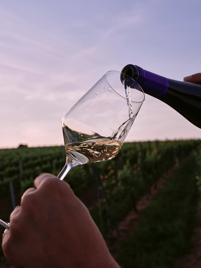 Hand hält ein Glas Rotwein bei Abendstimmung