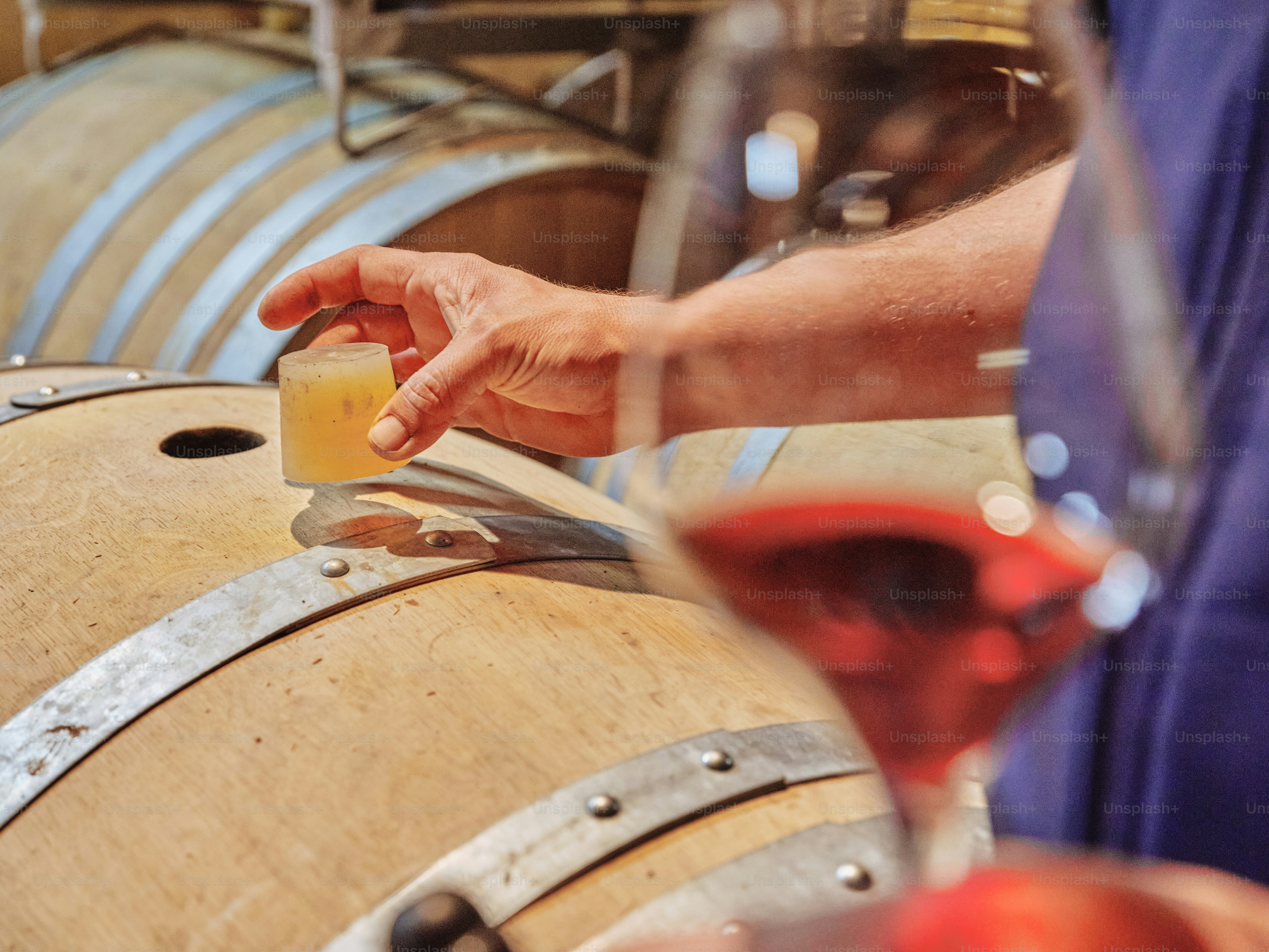 A person holding a piece of cheese next to a barrel of wine