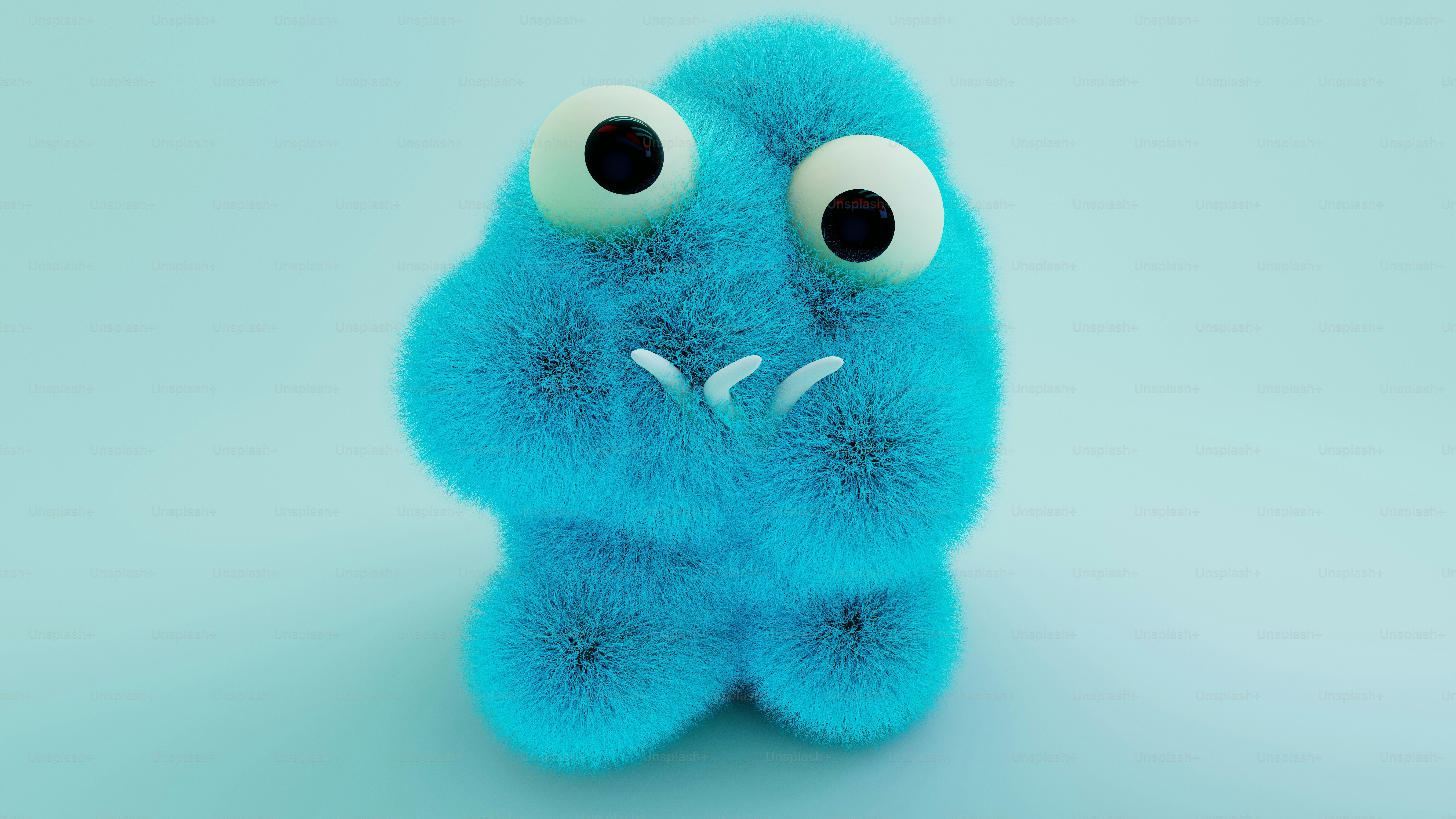 Boneka binatang biru dengan mata besar dengan latar belakang biru