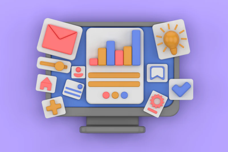 A 3D dashboard screen surrounded by chart, mail, rating and settings icons.