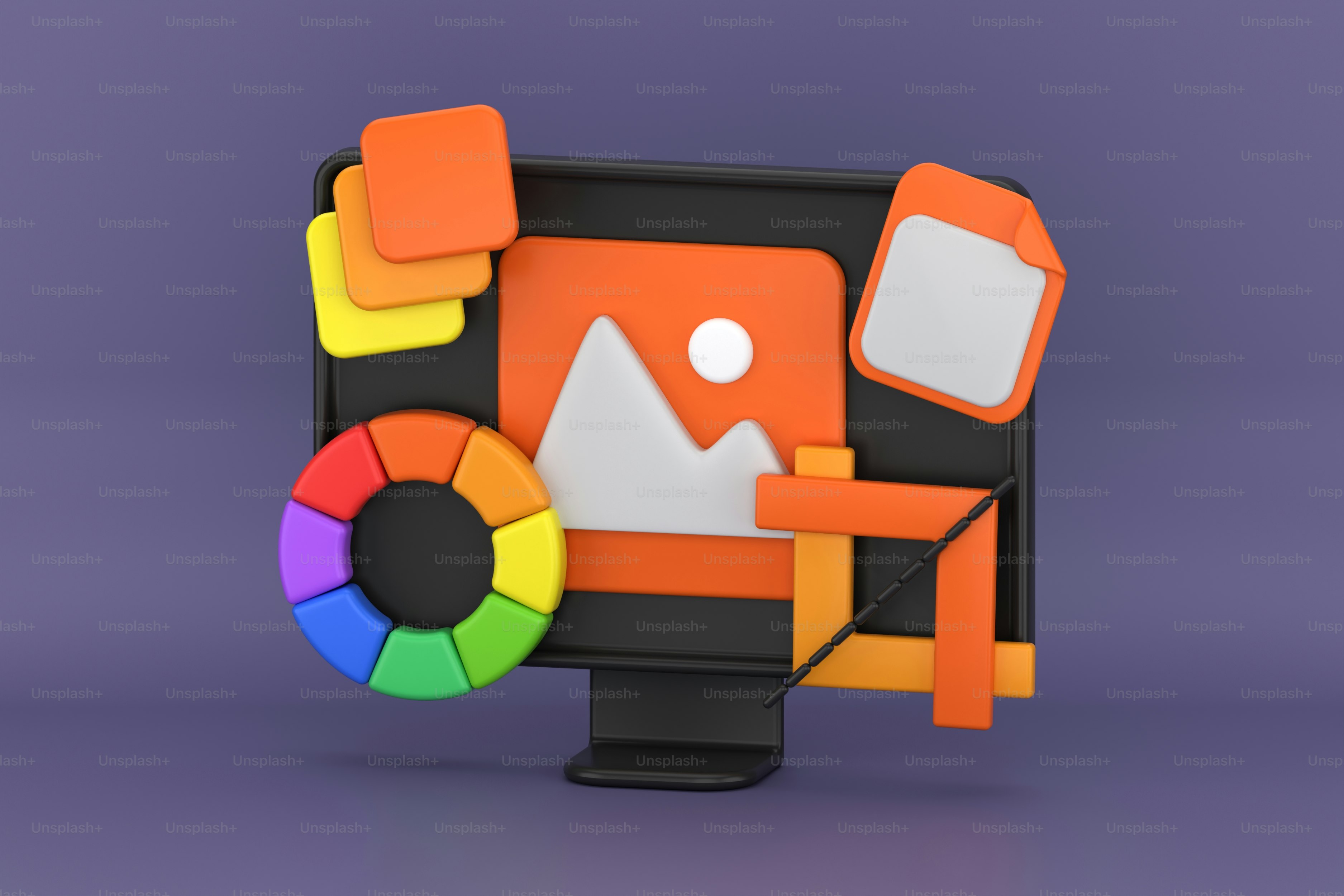 A 3D image of a computer screen with a color wheel