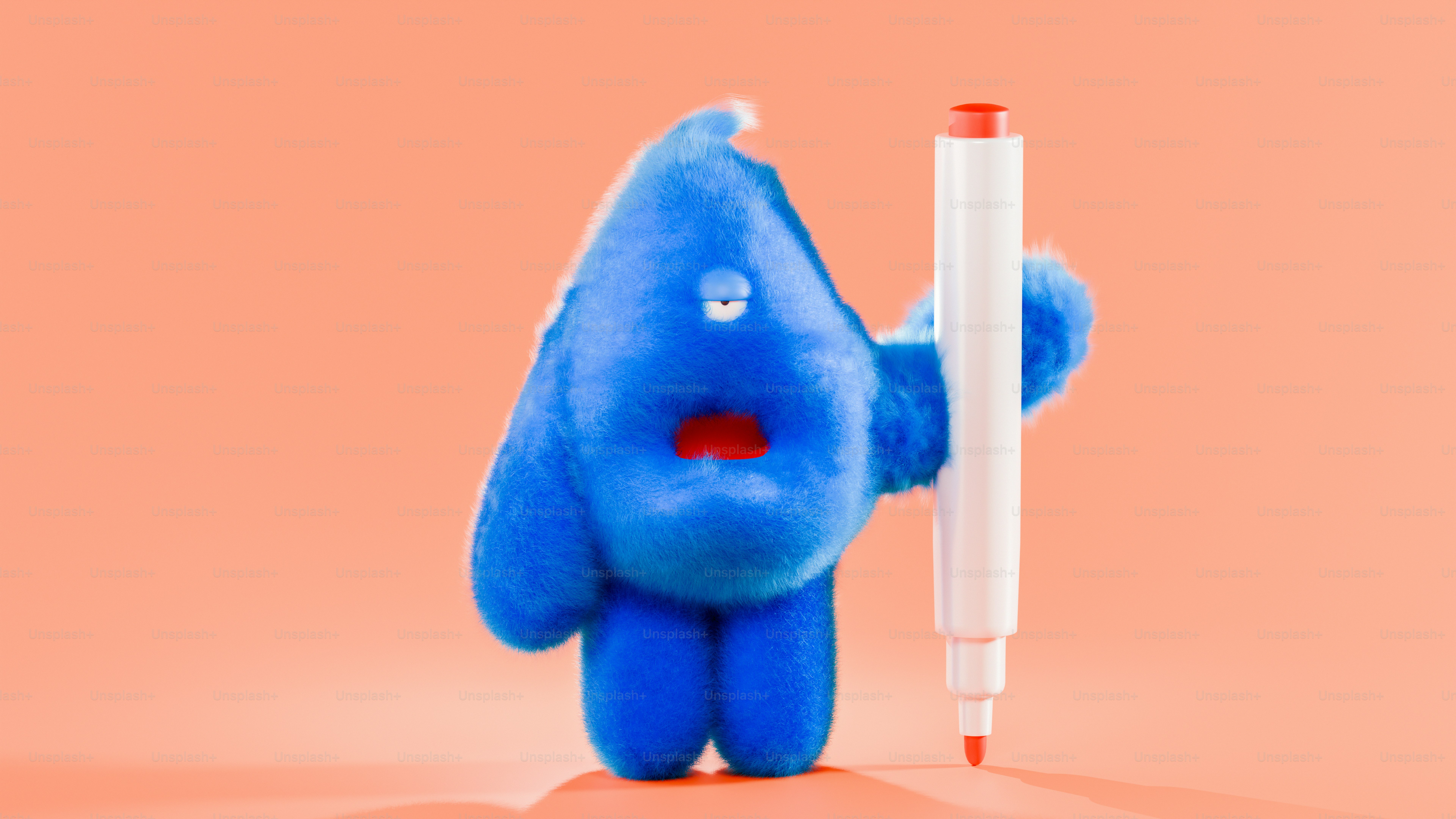 A blue stuffed animal holding a white pen