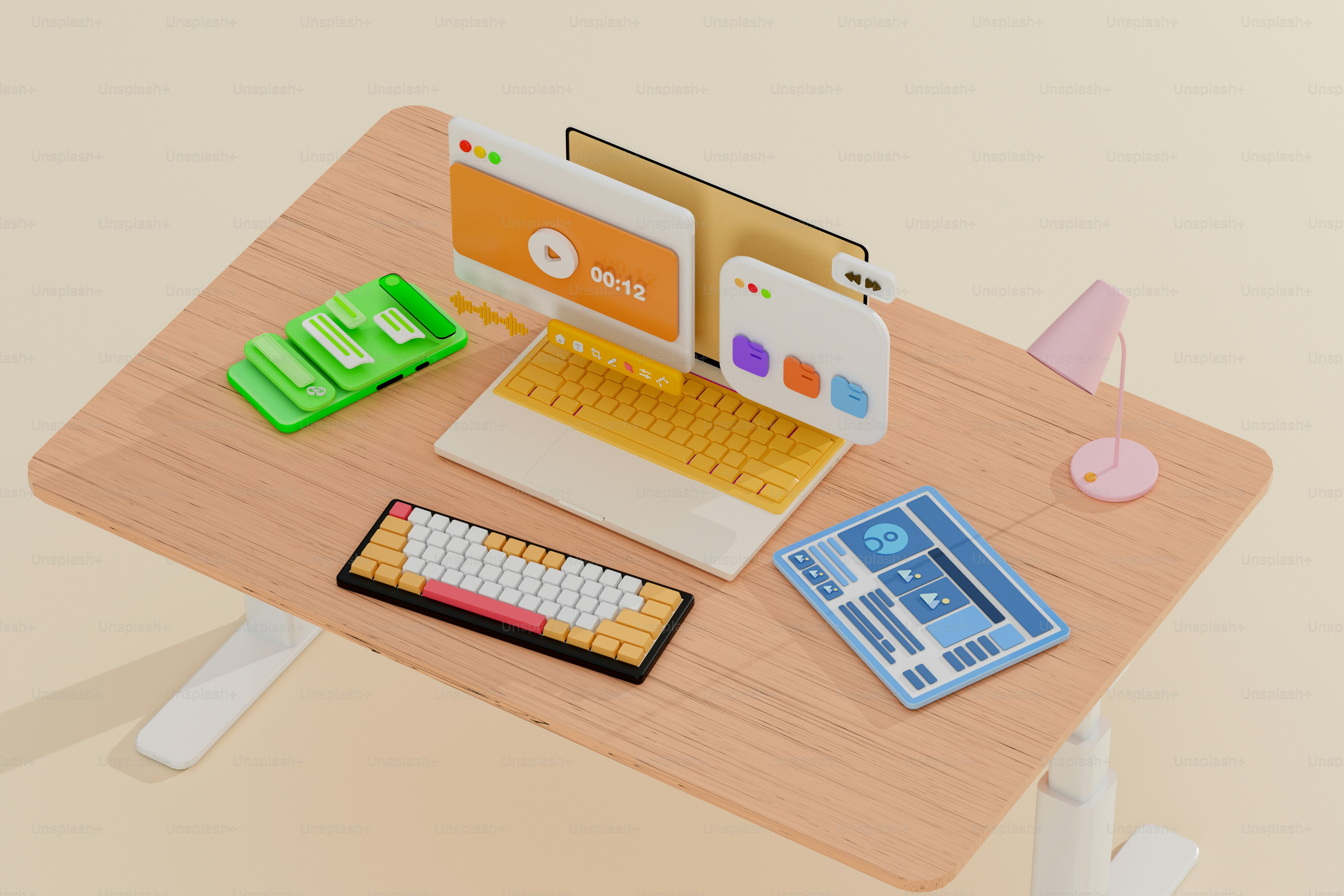 Meja kayu di atasnya dengan komputer laptop