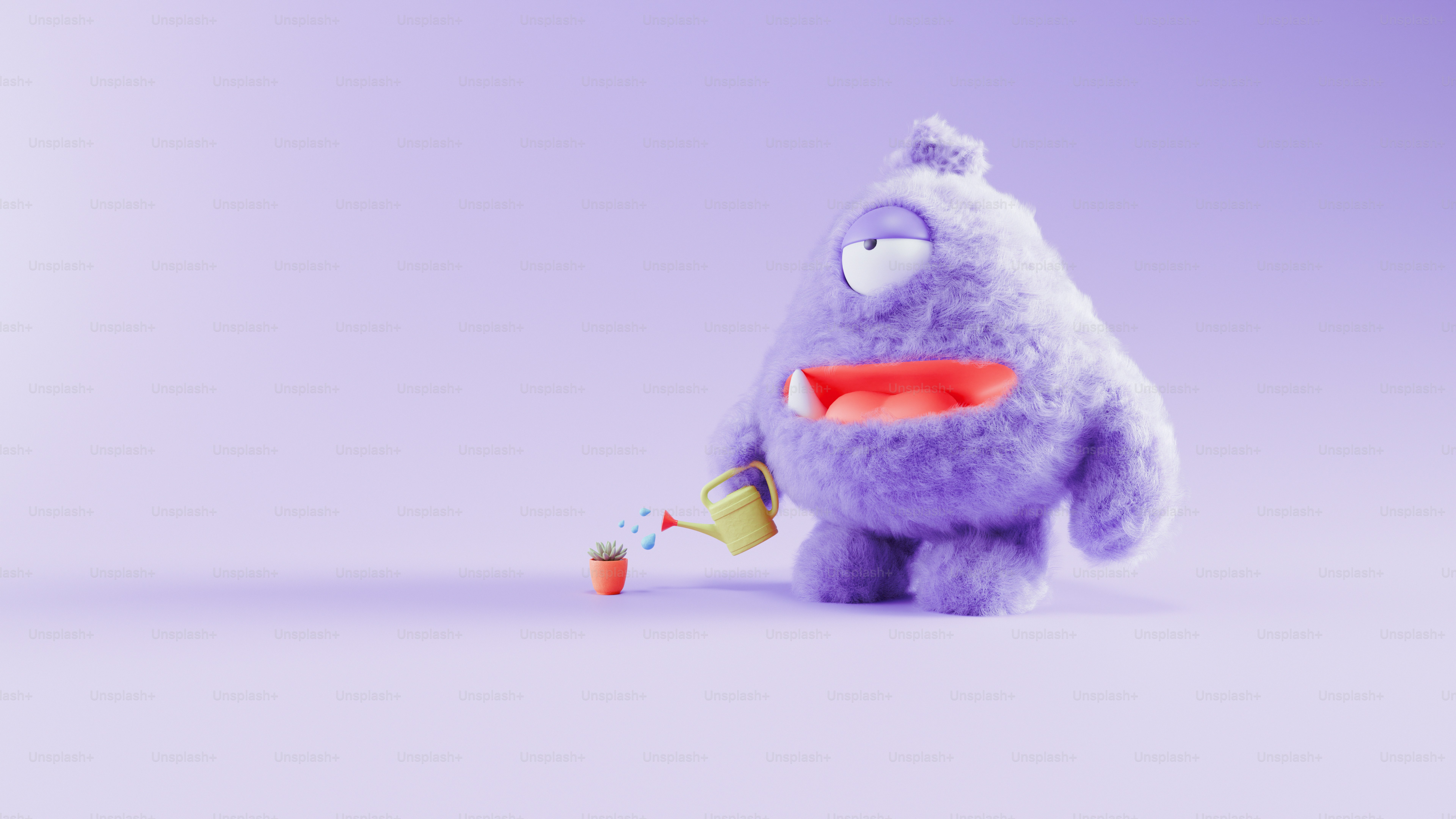 A purple stuffed animal with a toothbrush in its mouth