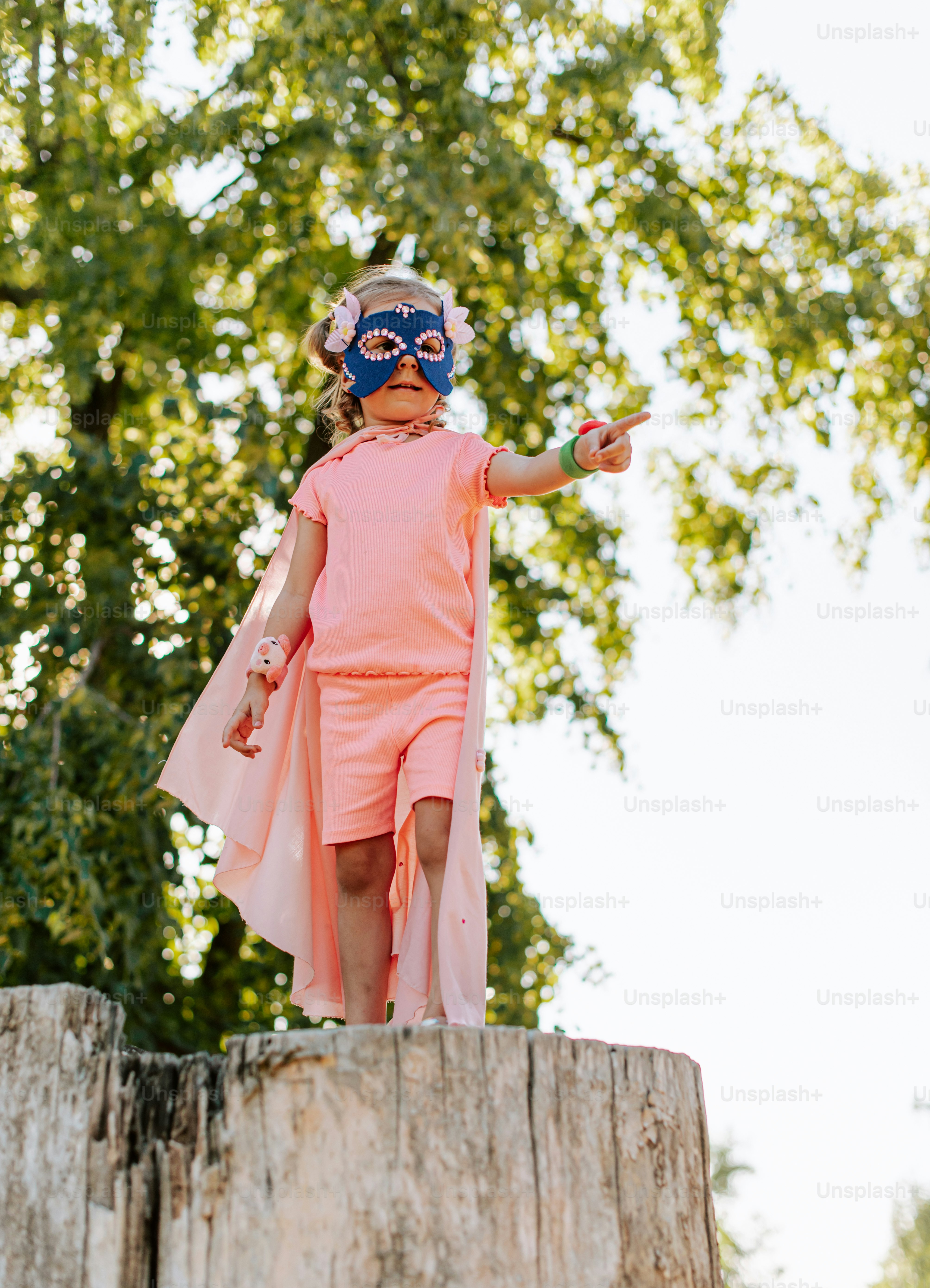 A little girl in a pink dress standing on a tree stump