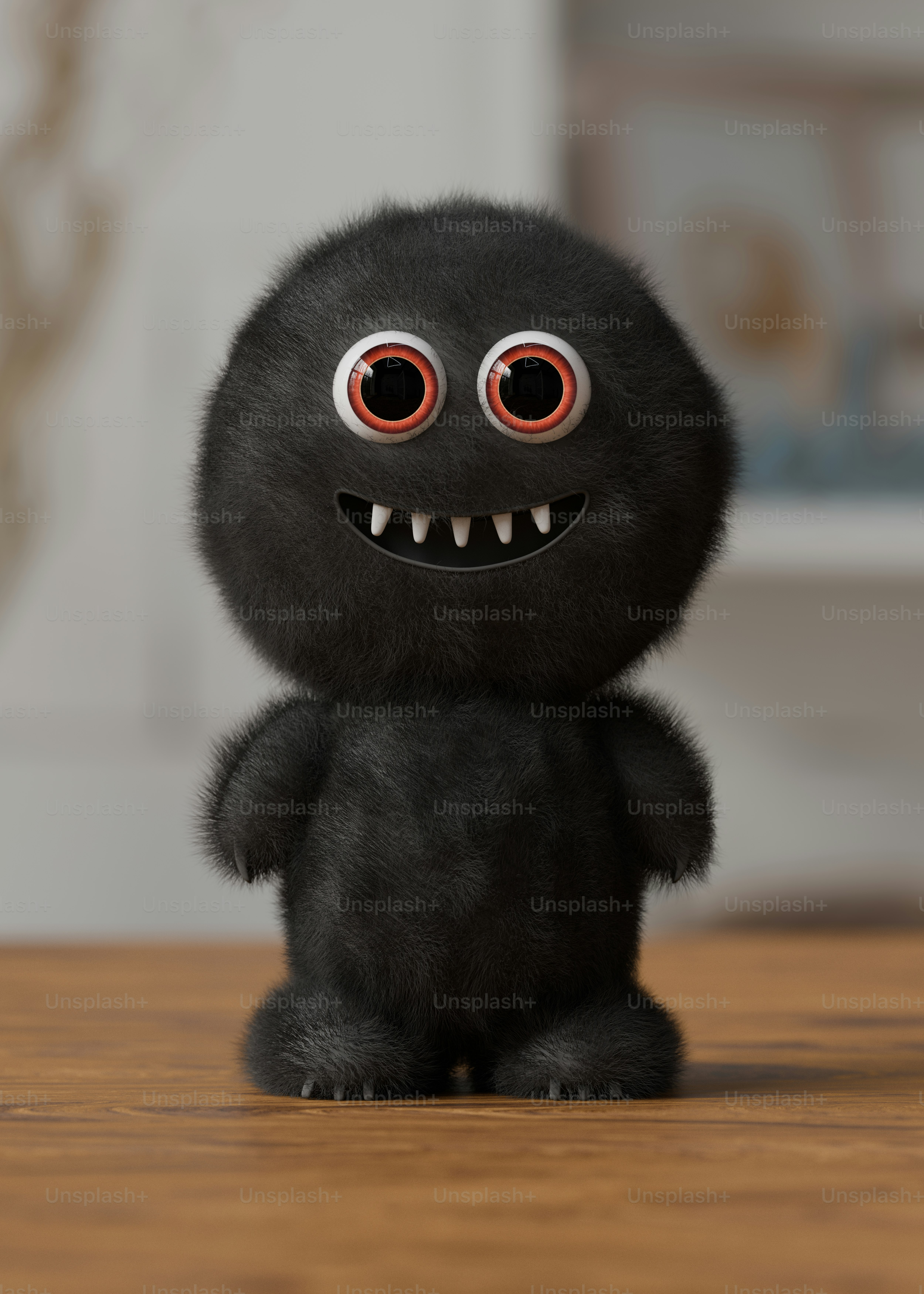 Ein schwarzes Kuscheltier sitzt auf einem Holztisch