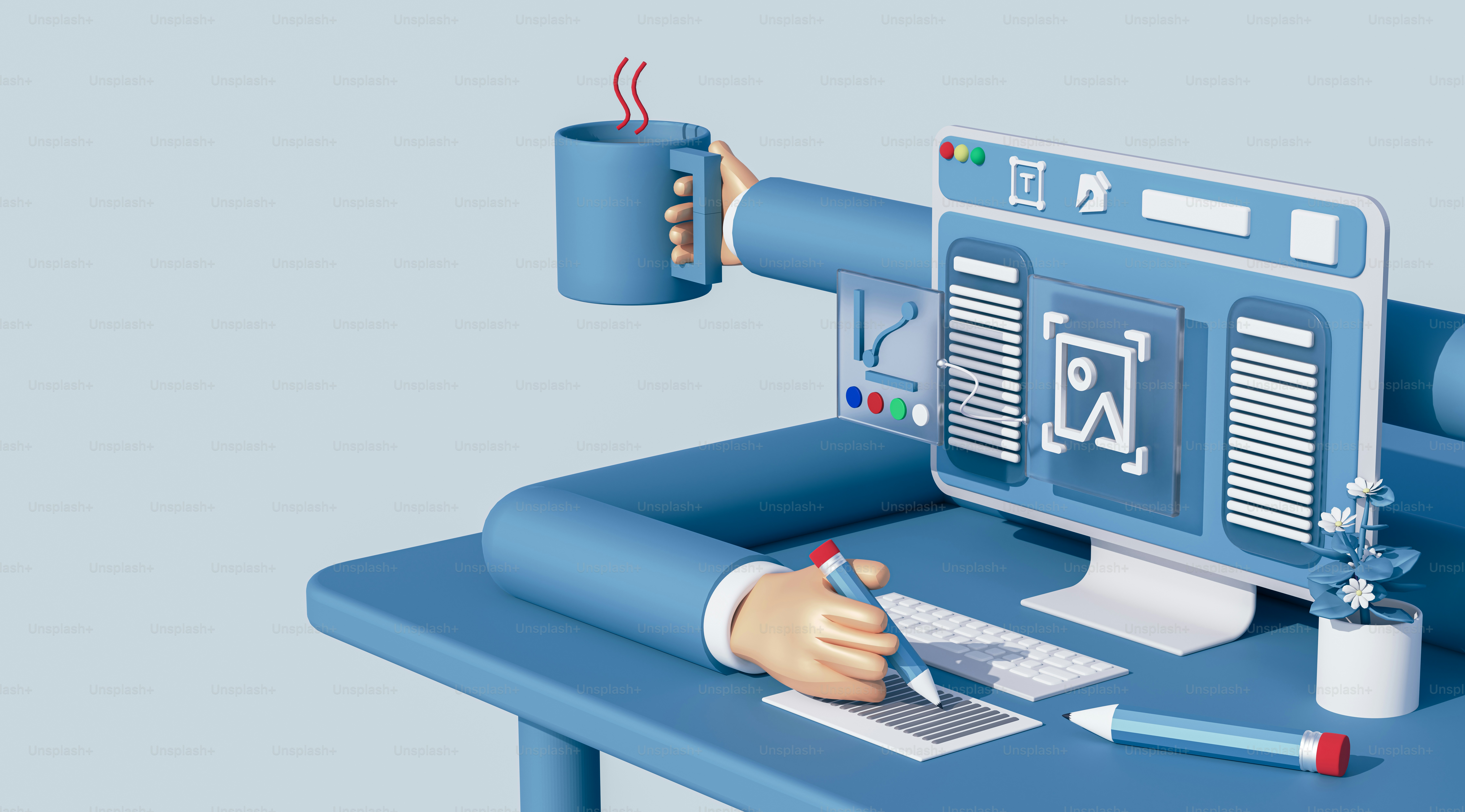 Una pantalla de computadora encima de un escritorio azul