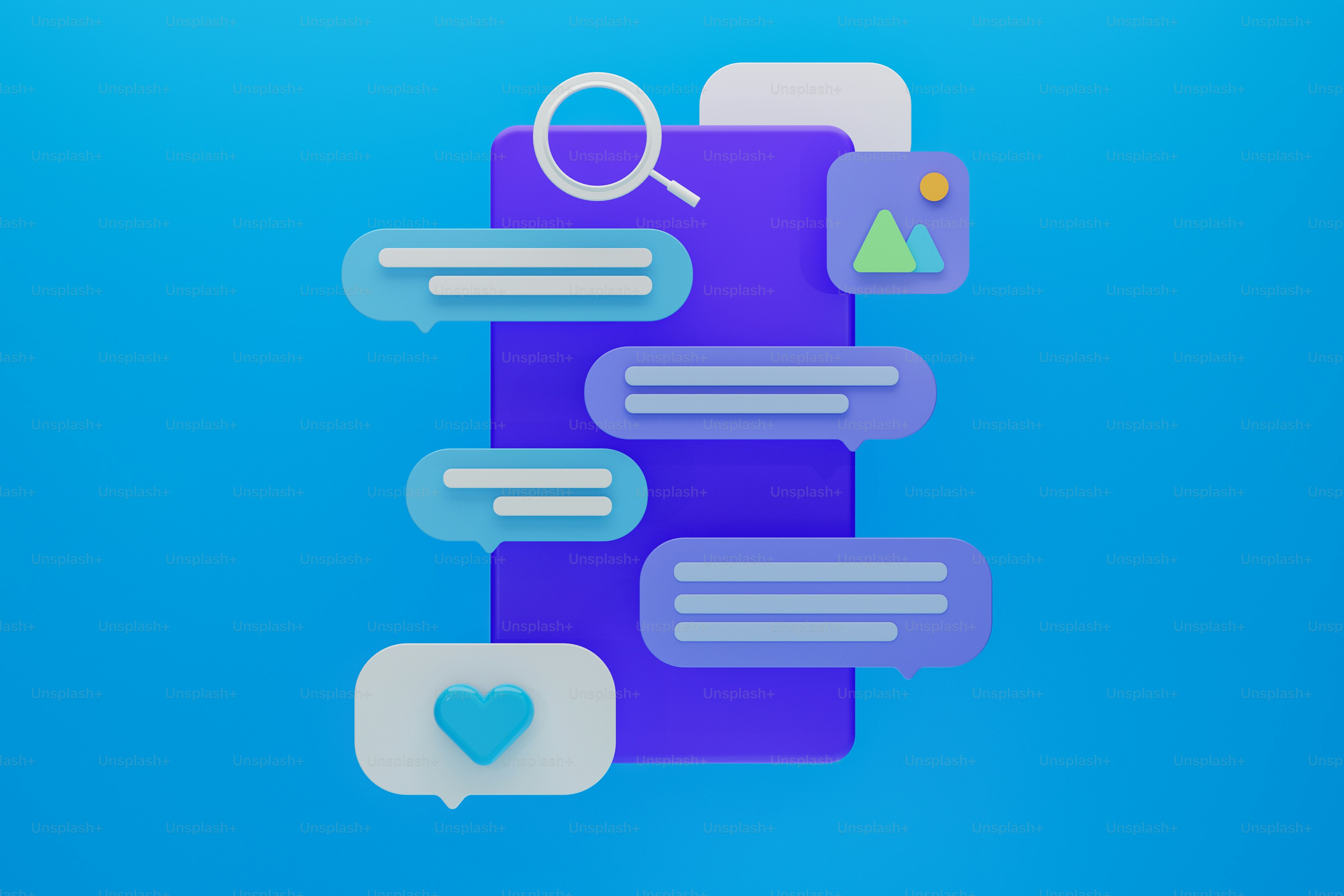 A blue background with speech bubbles and a magnifying glass