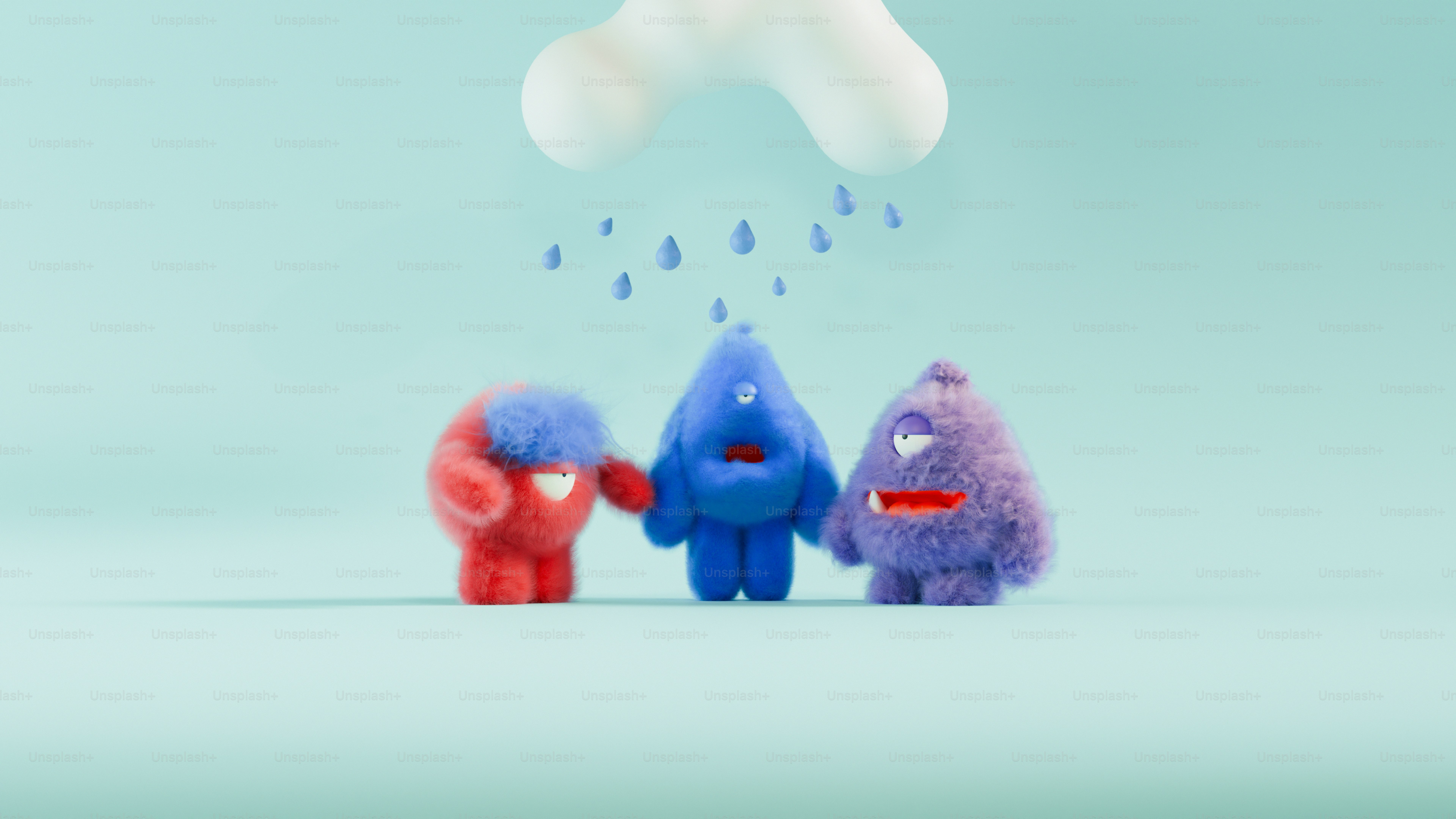 A group of toy figures standing in front of a cloud