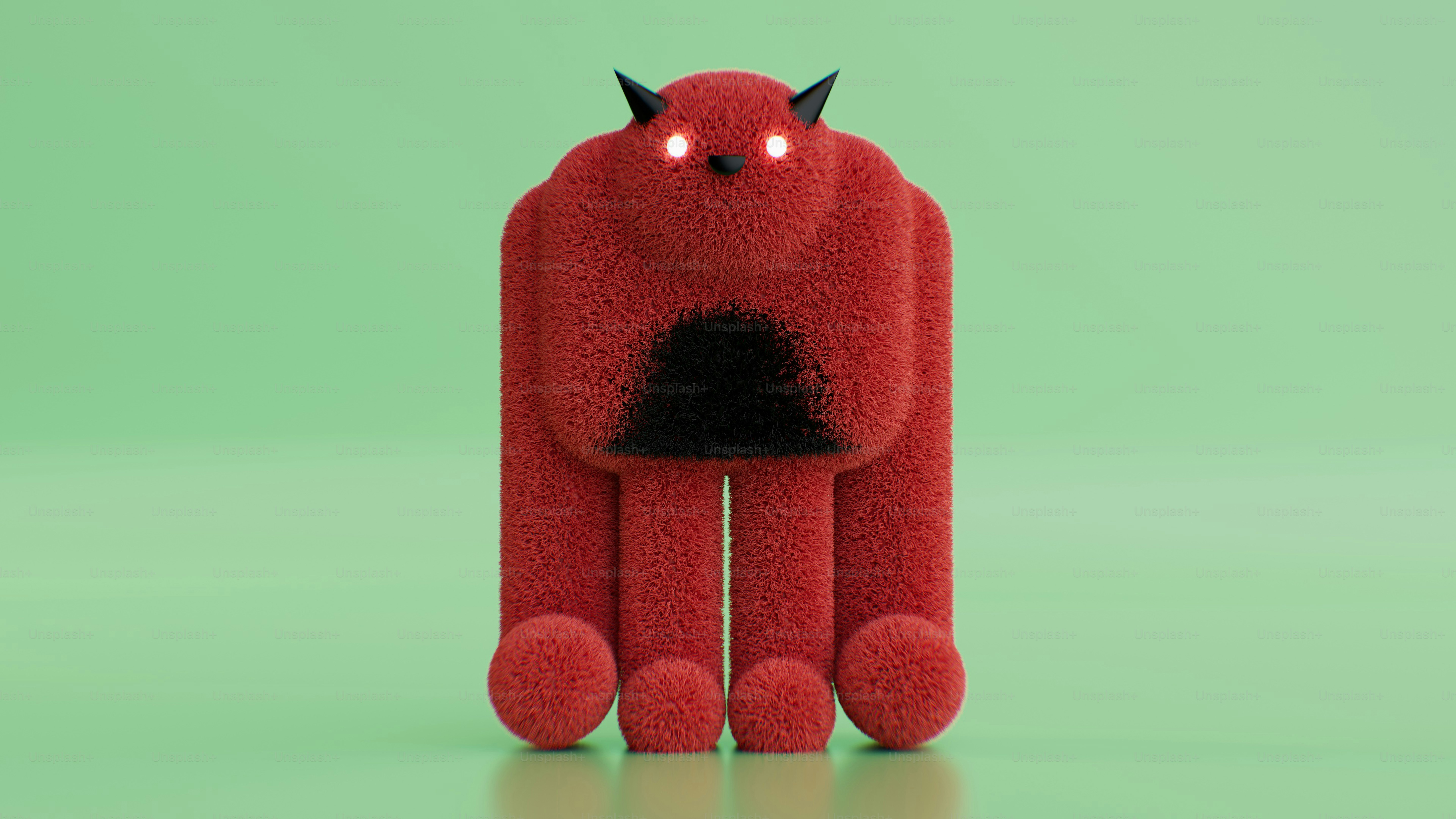 A red stuffed animal with horns and eyes