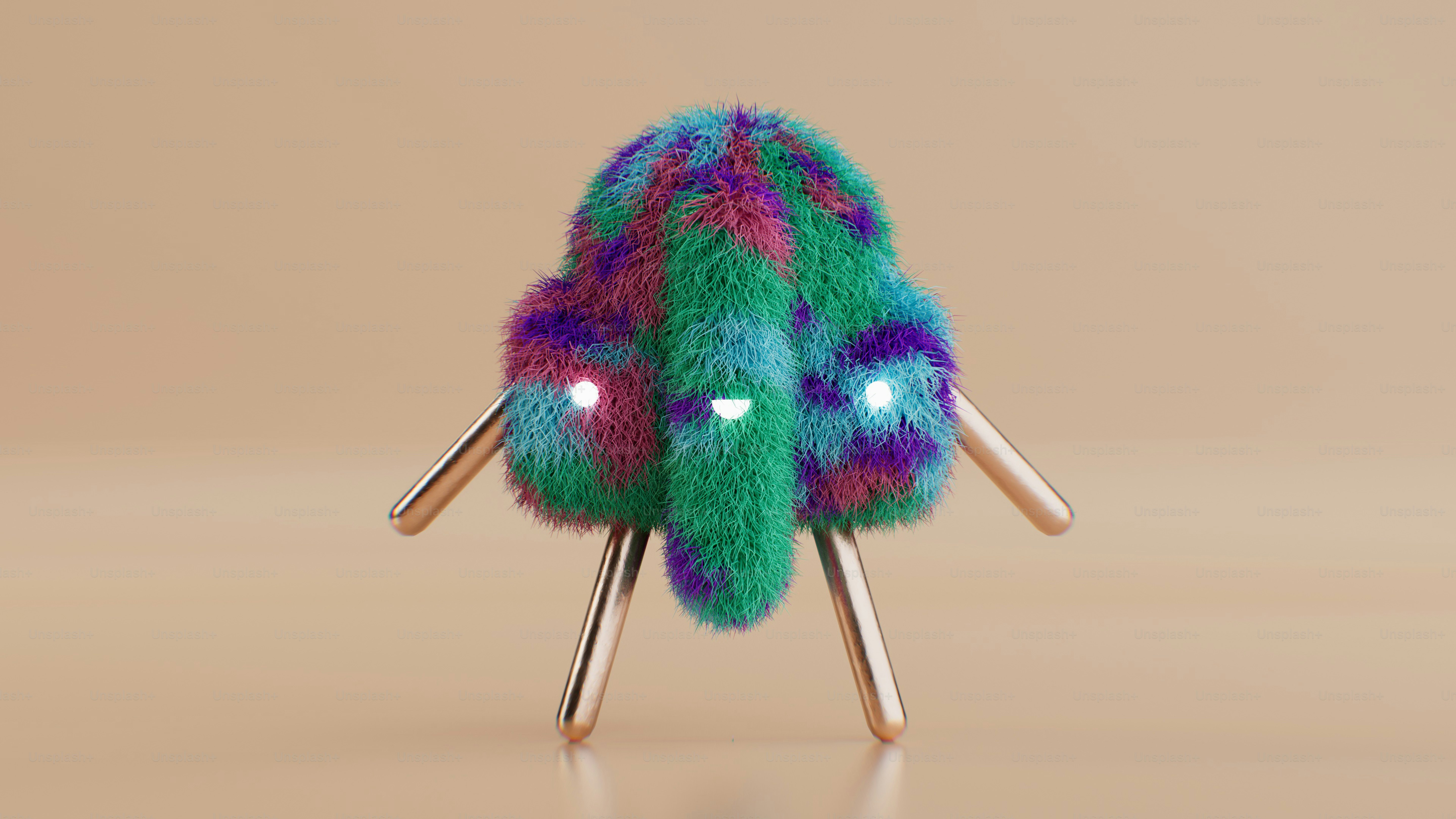 A green, purple, and blue stuffed animal