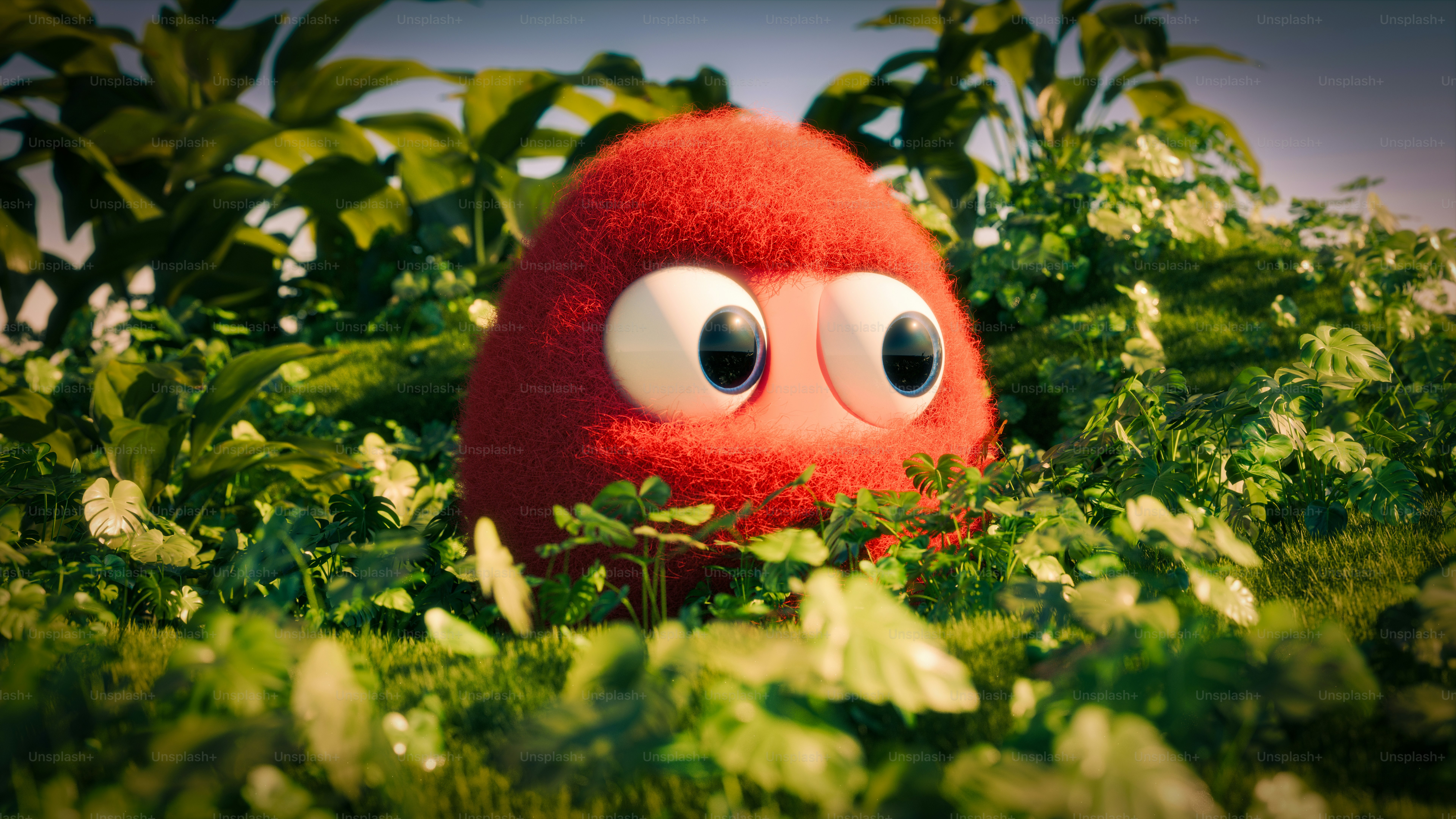 A red stuffed animal in a field of green plants