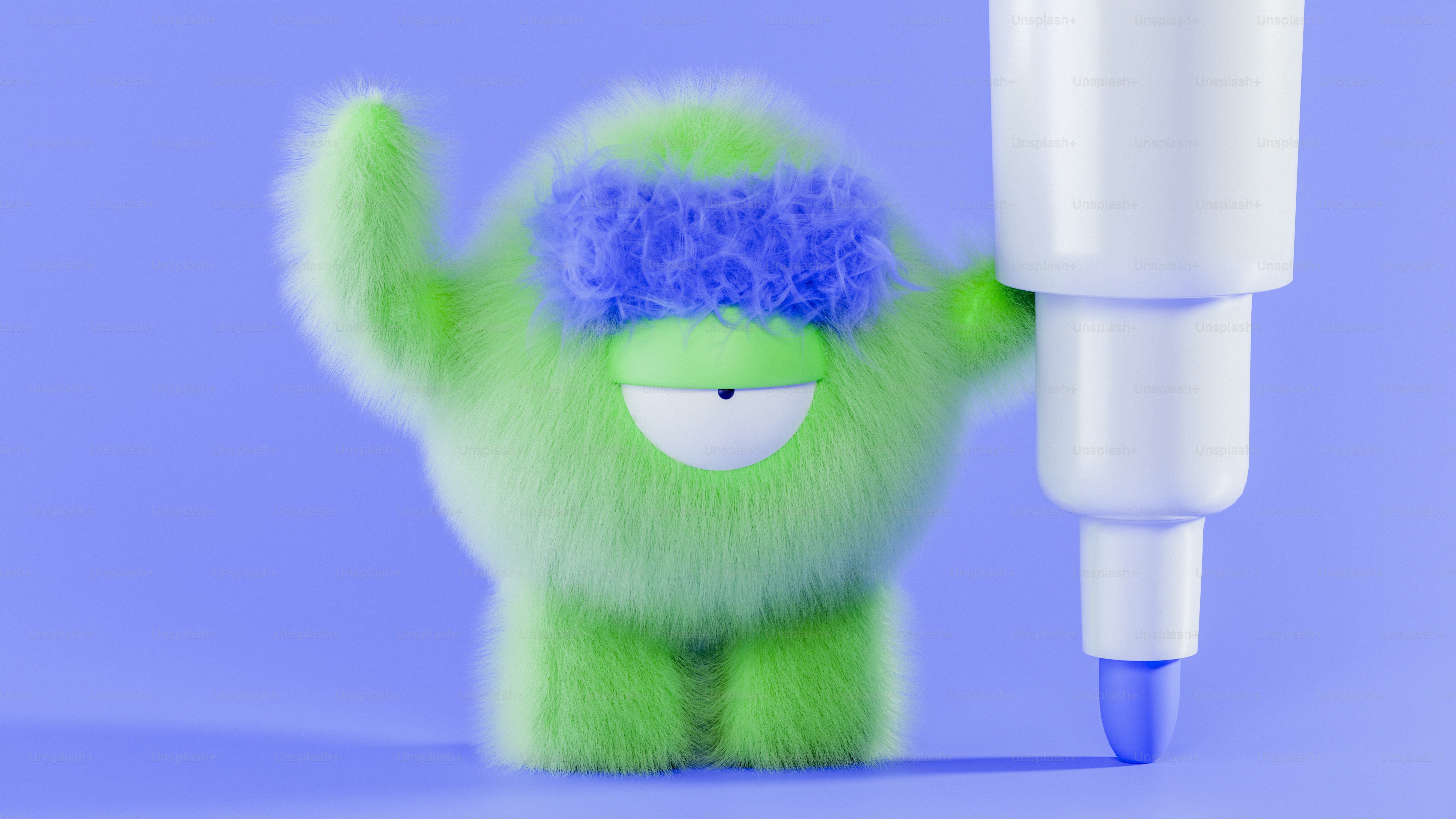 A green stuffed animal holding a tube of toothpaste