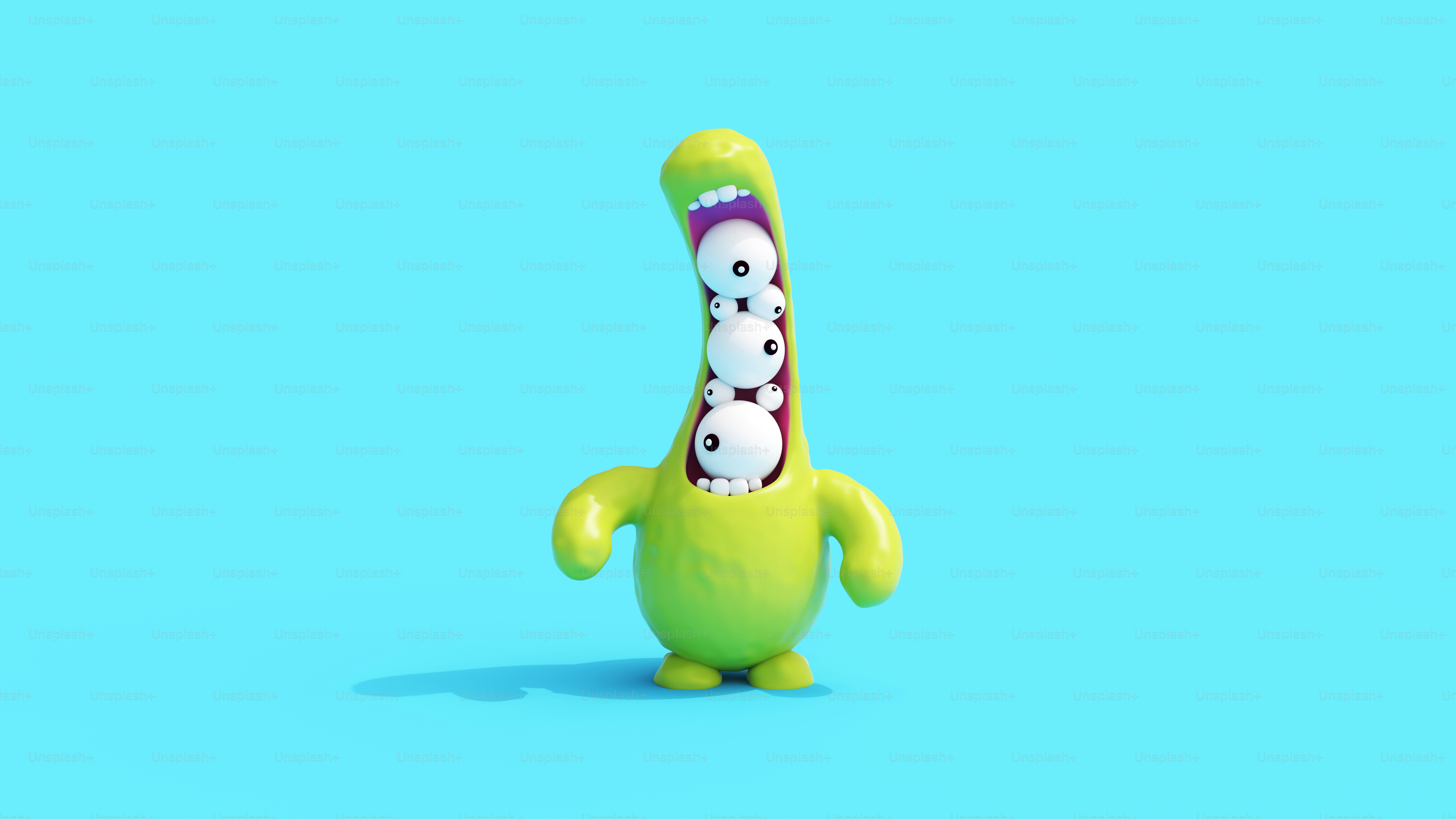 3D - Colorful Monster lime green monster with eyes in its mouth and a blue background 3d illustration render