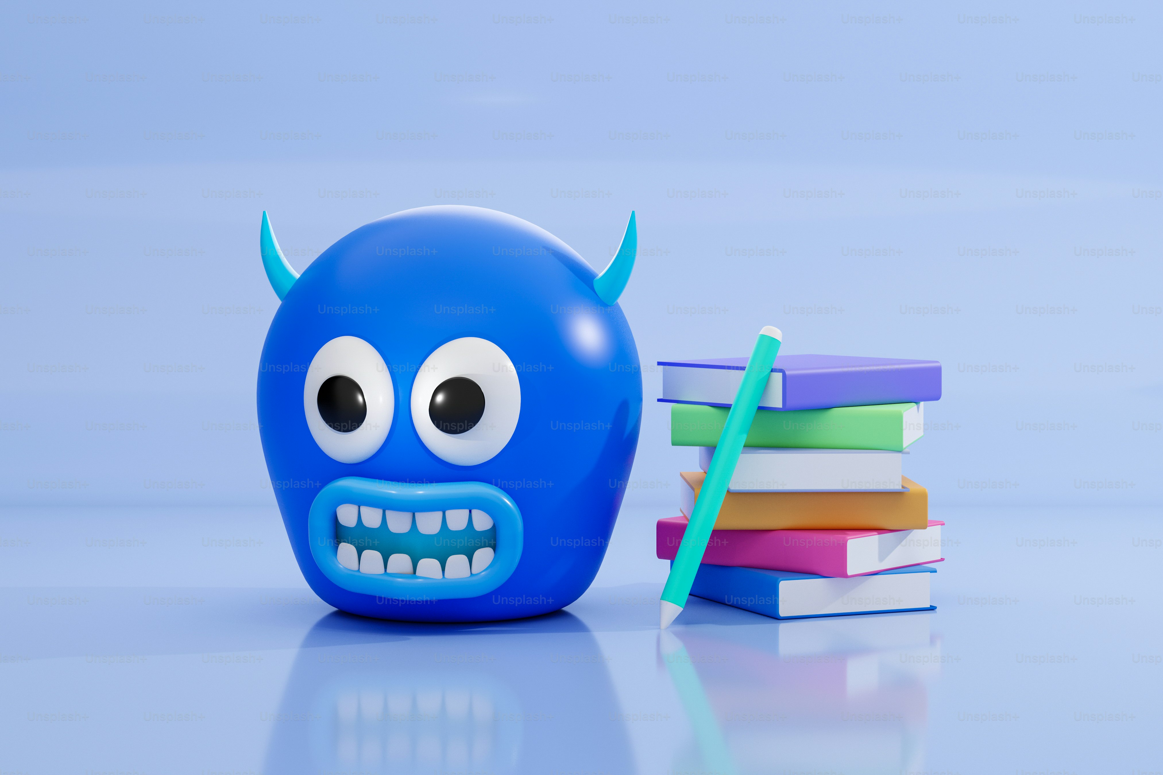Monster biru dengan sikat gigi di sebelah tumpukan buku