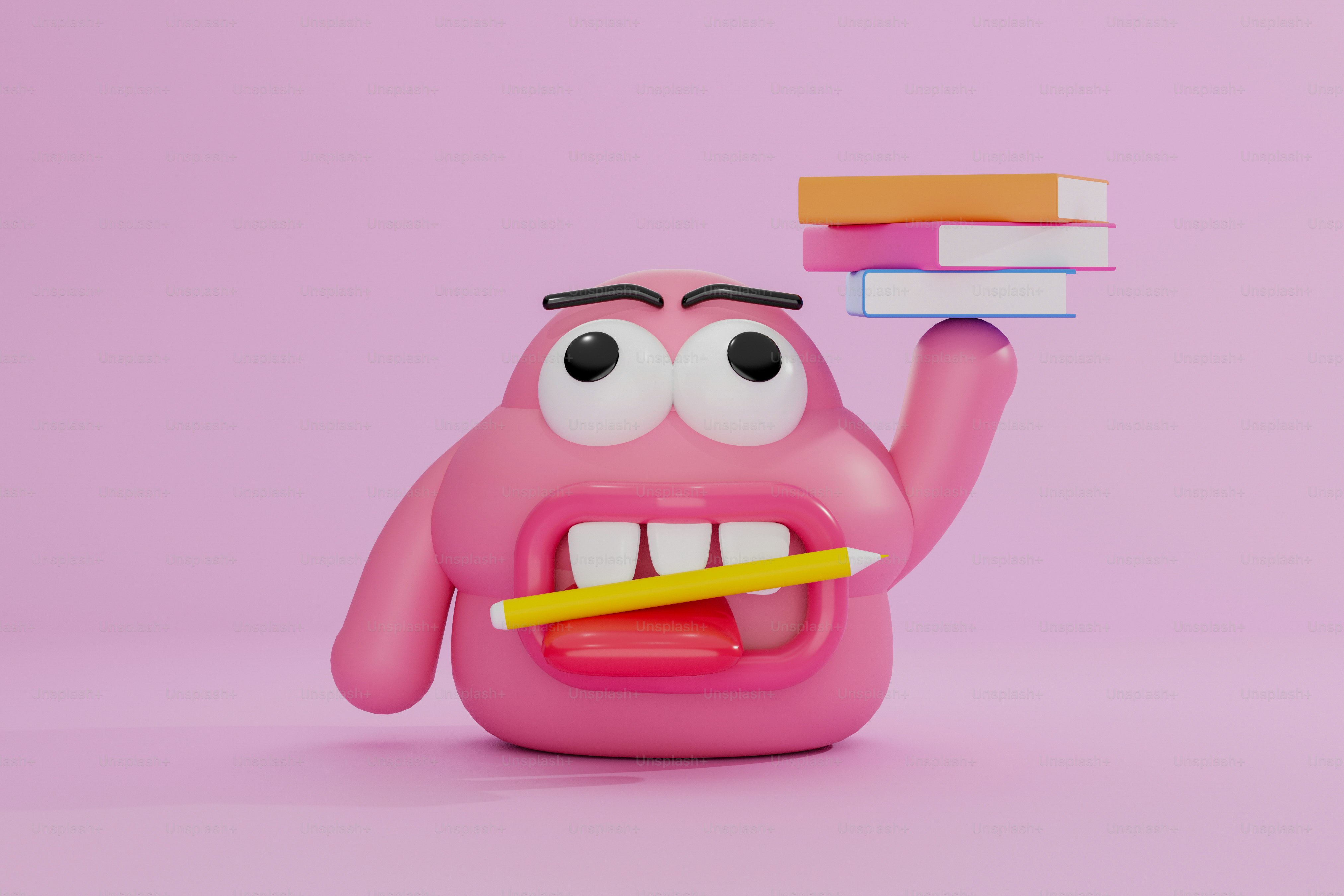 A pink monster holding a stack of books and a pencil
