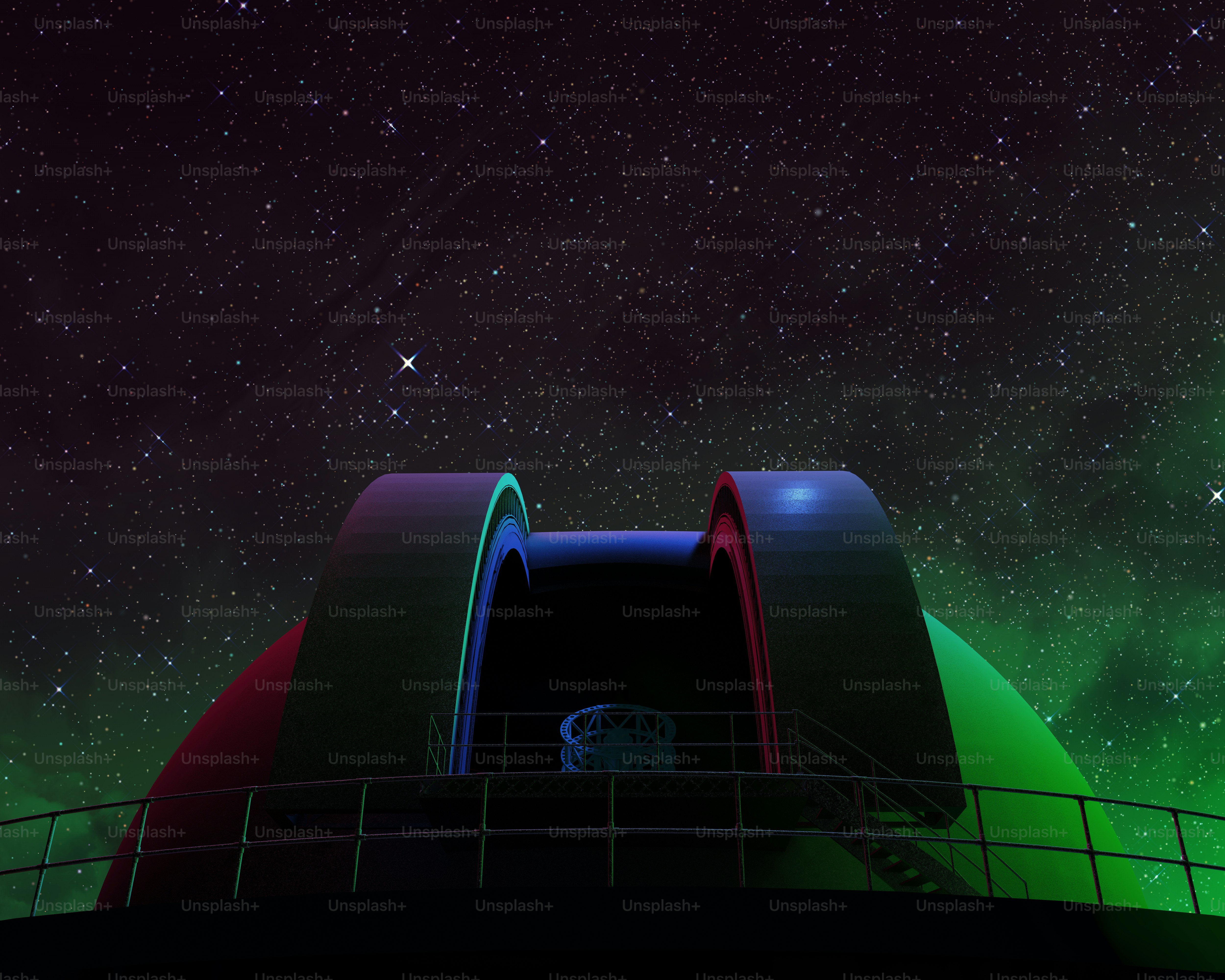 A green and red structure under a night sky