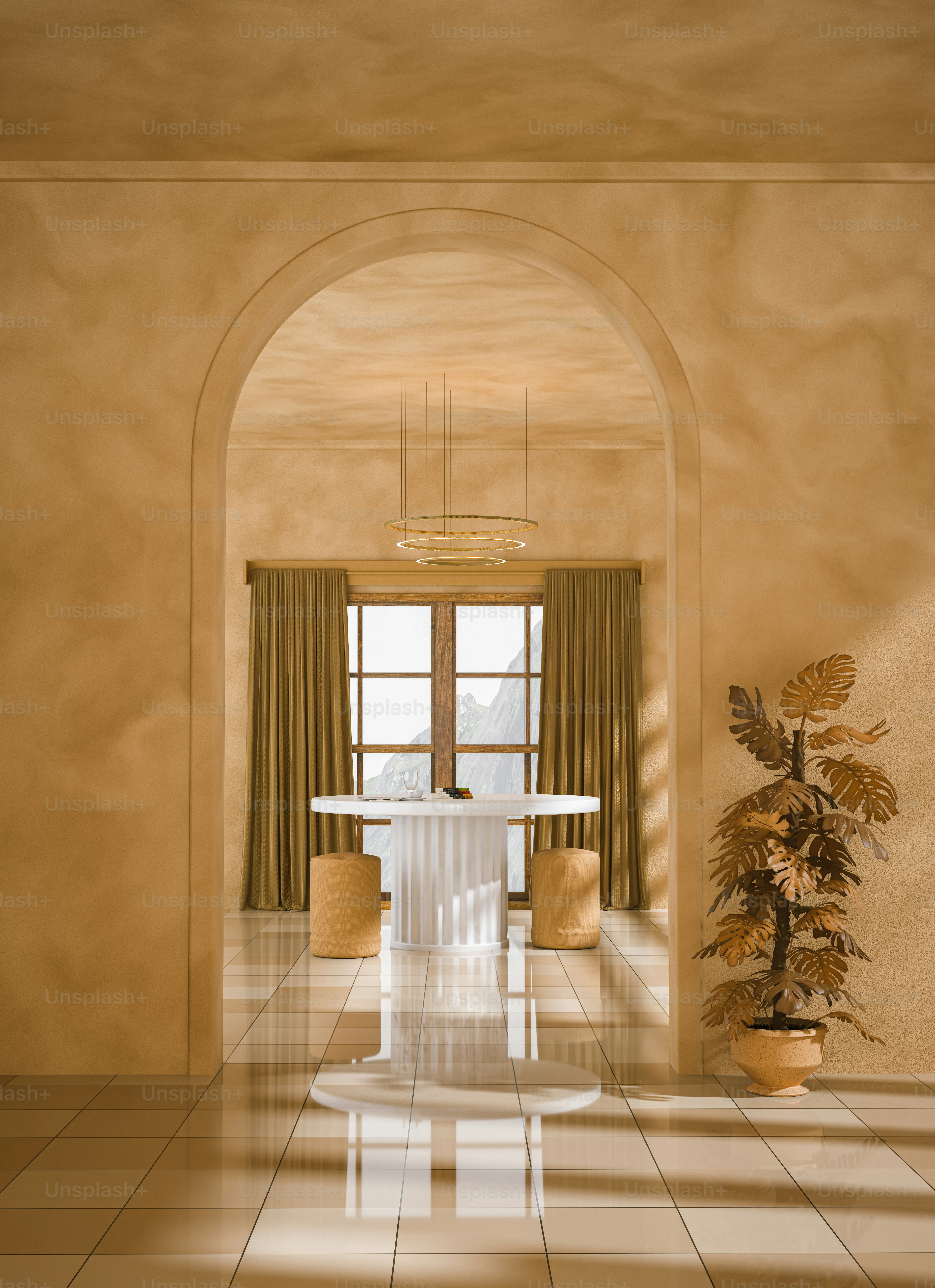 Ein Raum mit Tisch und Stühlen und einer Topfpflanze