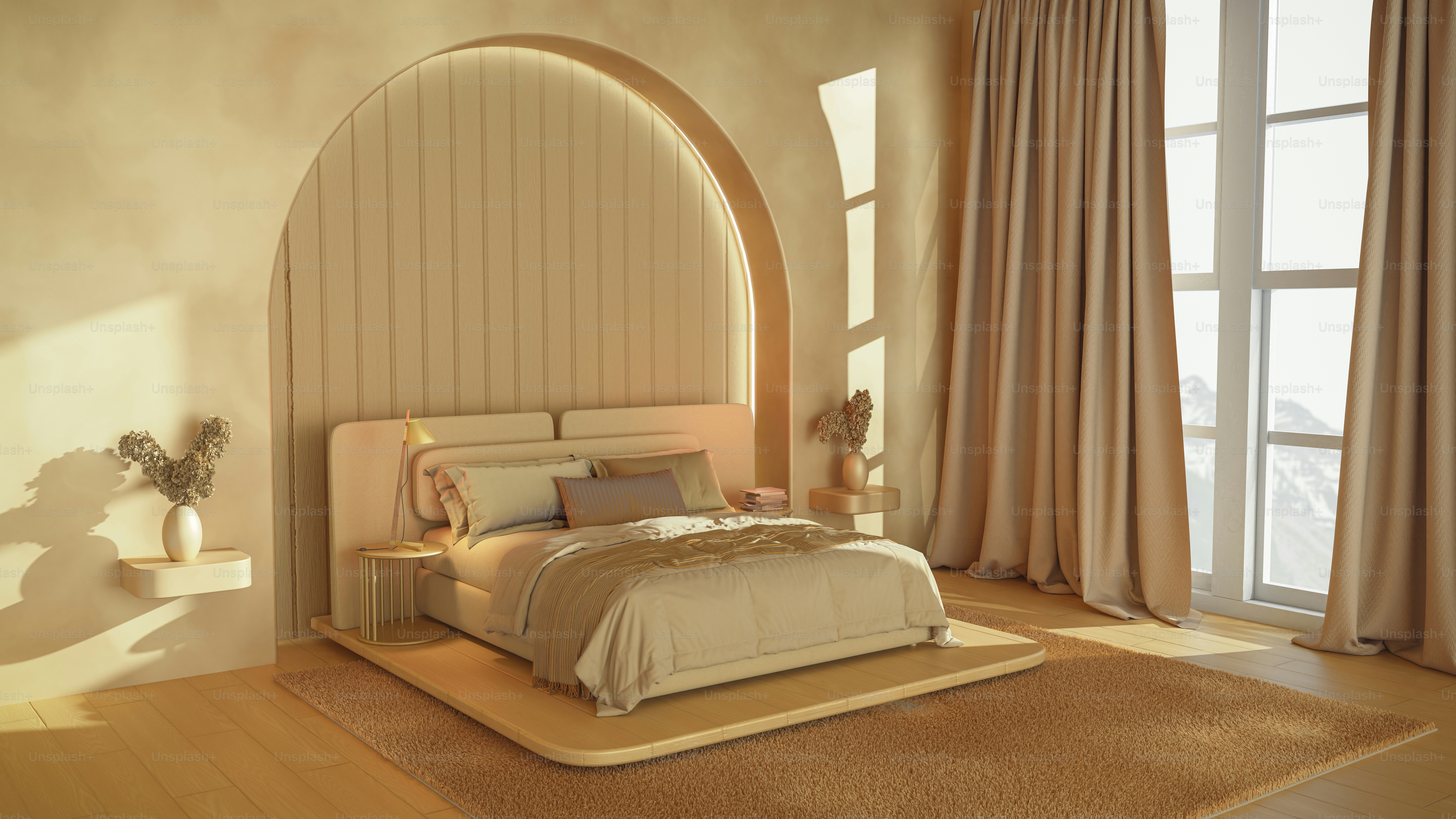 A bedroom with a bed and a large window