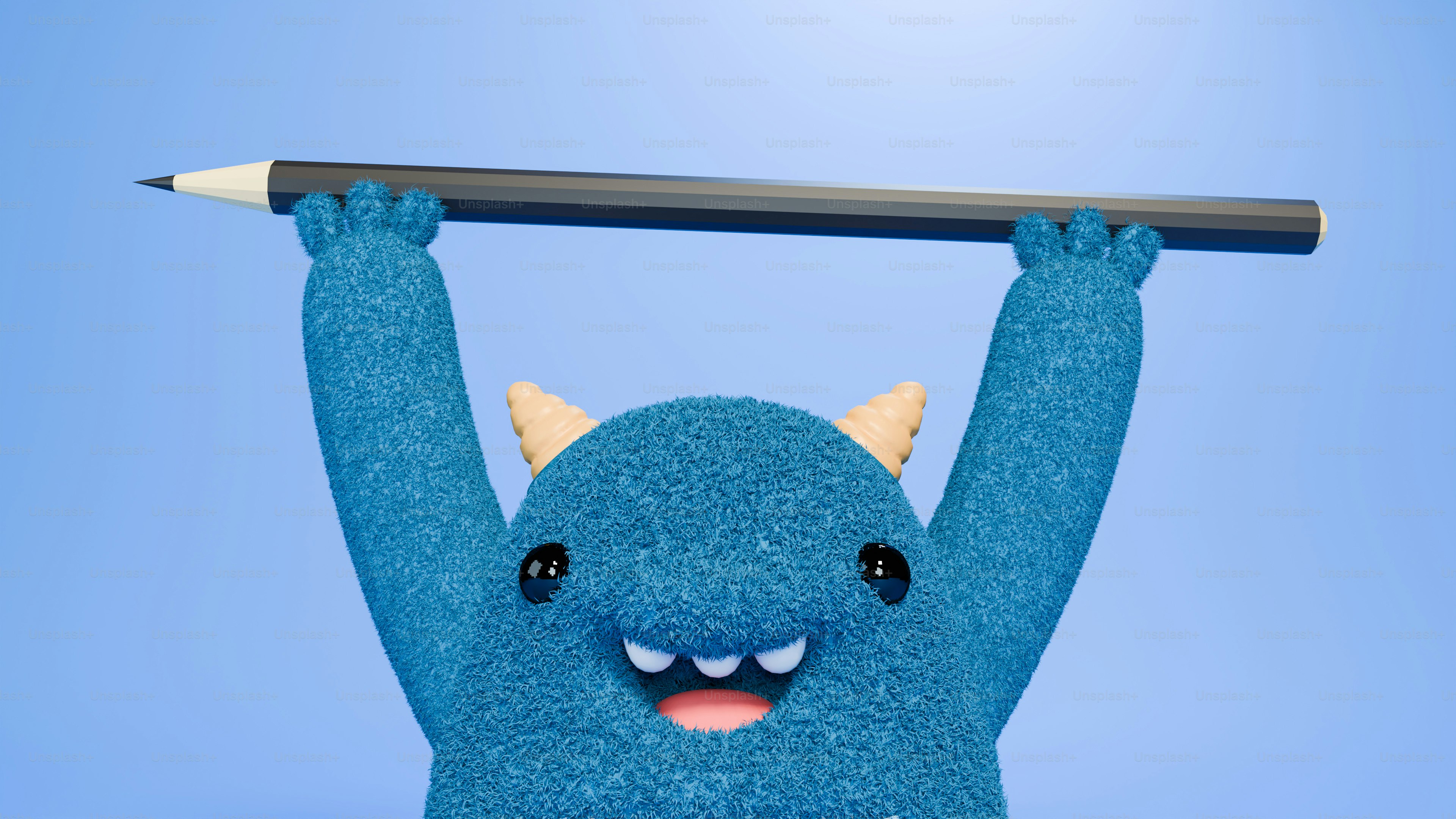 A blue stuffed animal holding a pencil above its head