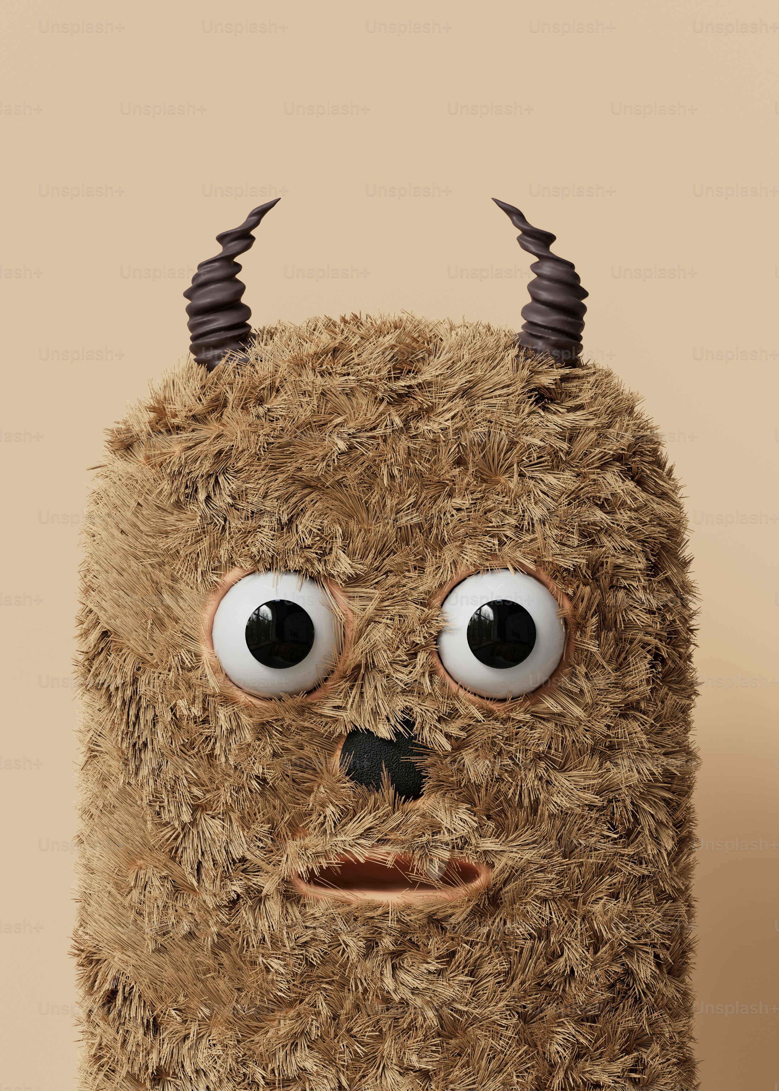 A stuffed animal with horns and eyes