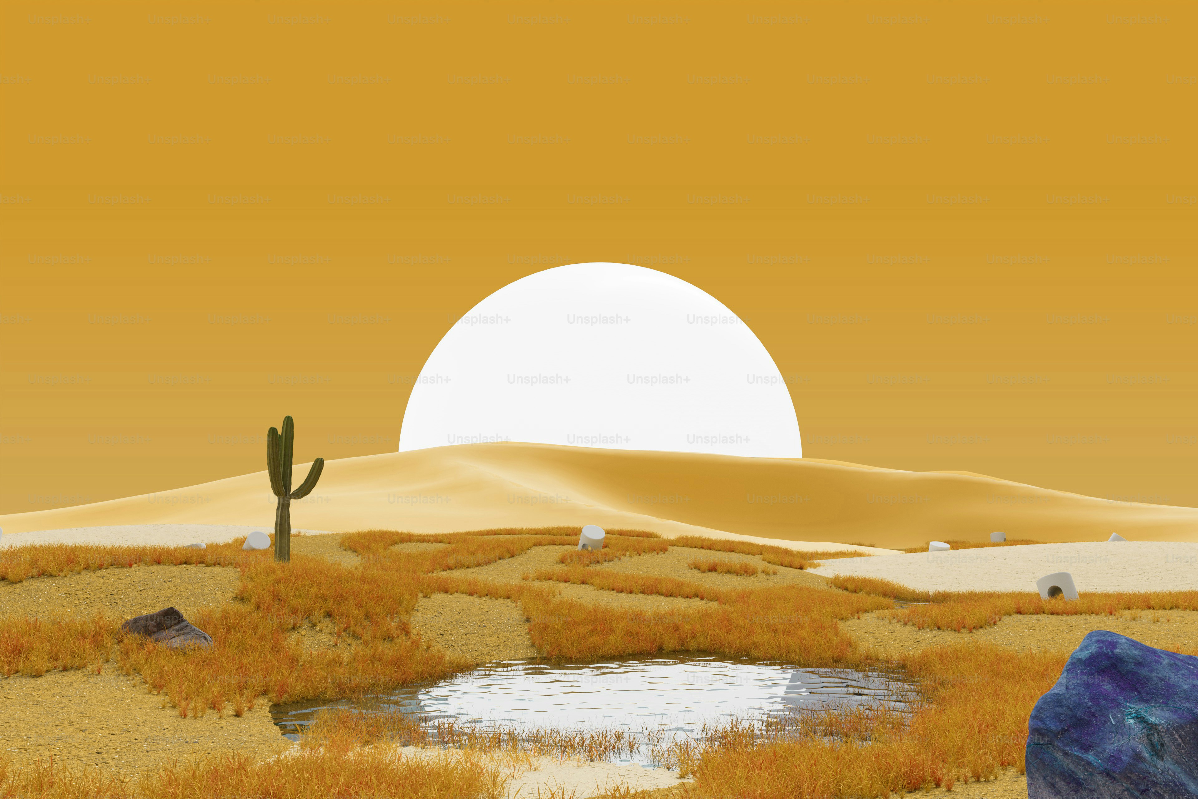 Une peinture d’un désert avec un étang et un cactus