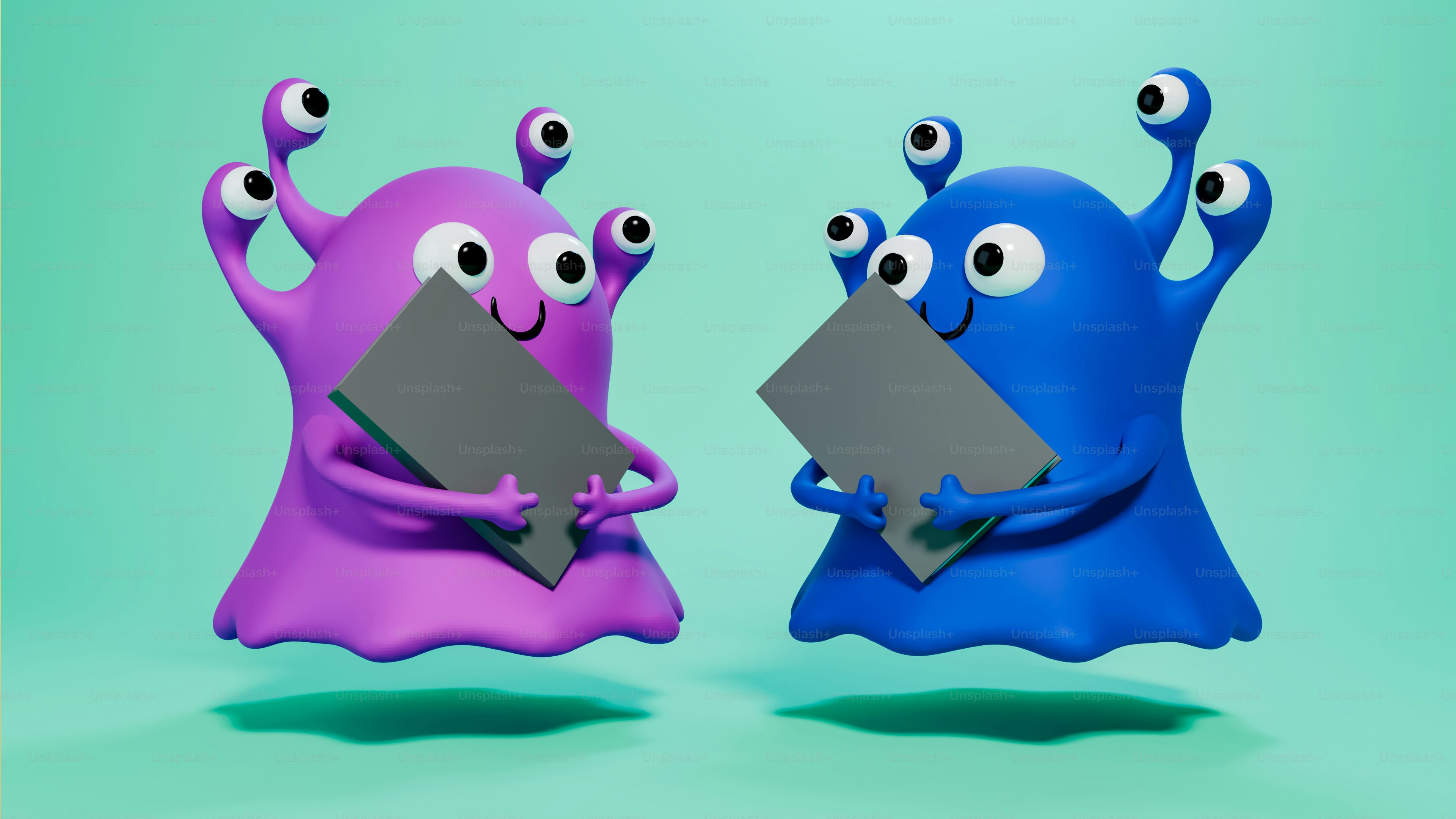 Beberapa monster biru dan ungu berdiri bersebelahan
